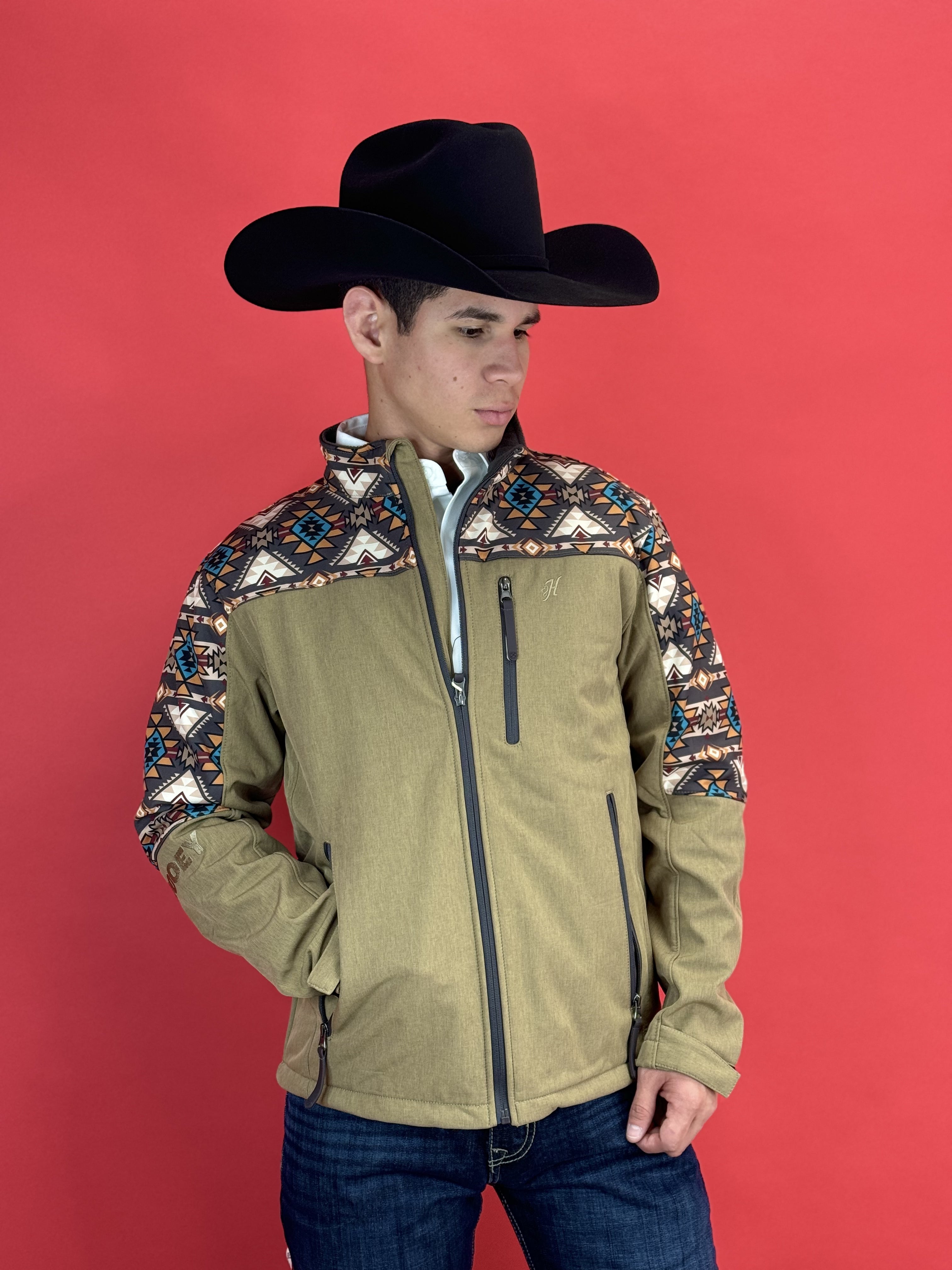 Hooey® Men's Jacket Tech Softshell Tan w/ Brown Aztec Sleeves