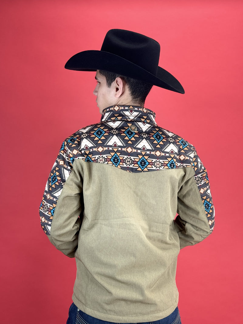 Hooey® Men's Jacket Tech Softshell Tan w/ Brown Aztec Sleeves