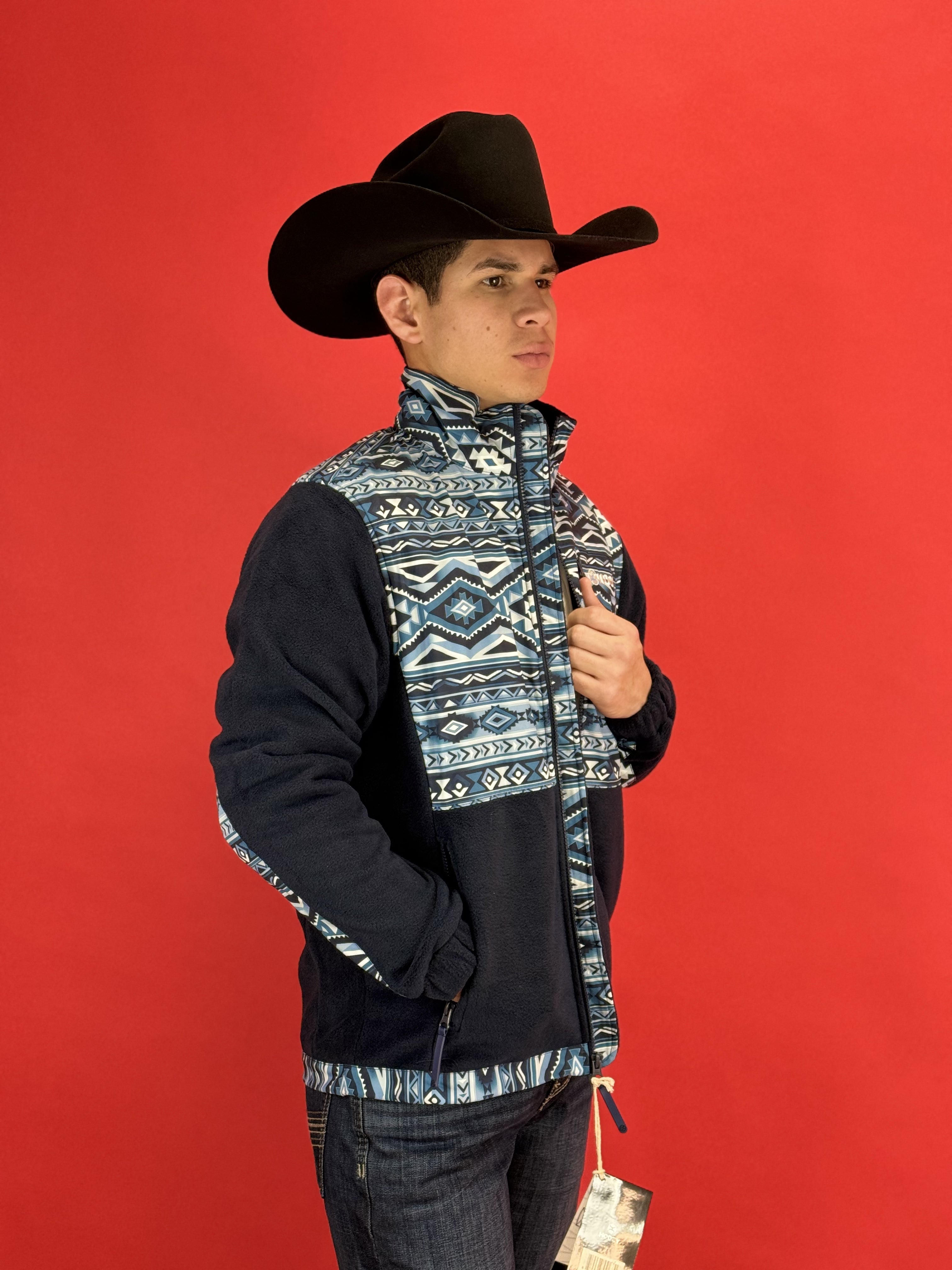 Hooey® Men's Jacket Tech Fleece, Navy Aztec Pattern Full Zip