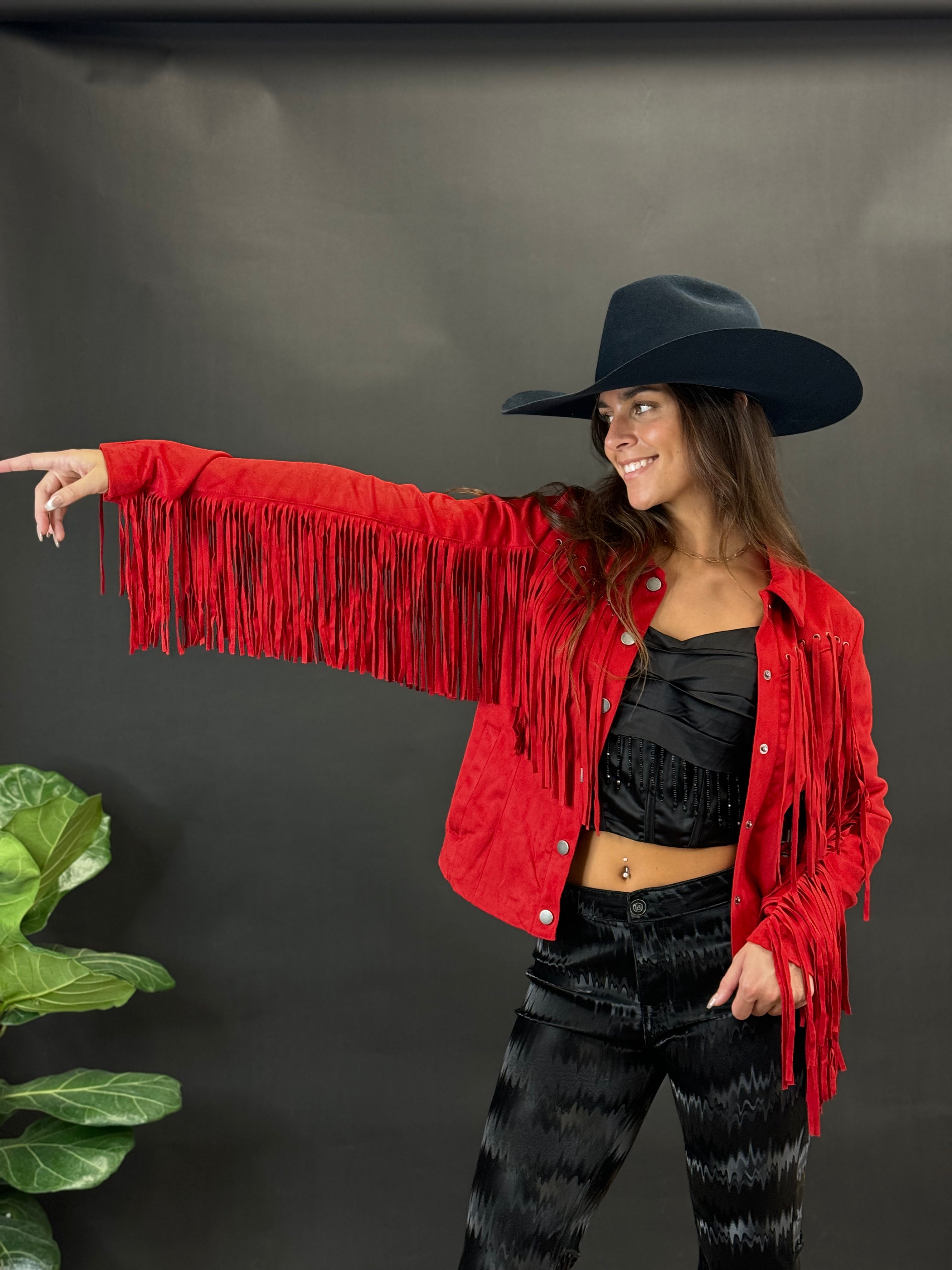 Rock&roll Womens Short Suede Fringe Coat Red