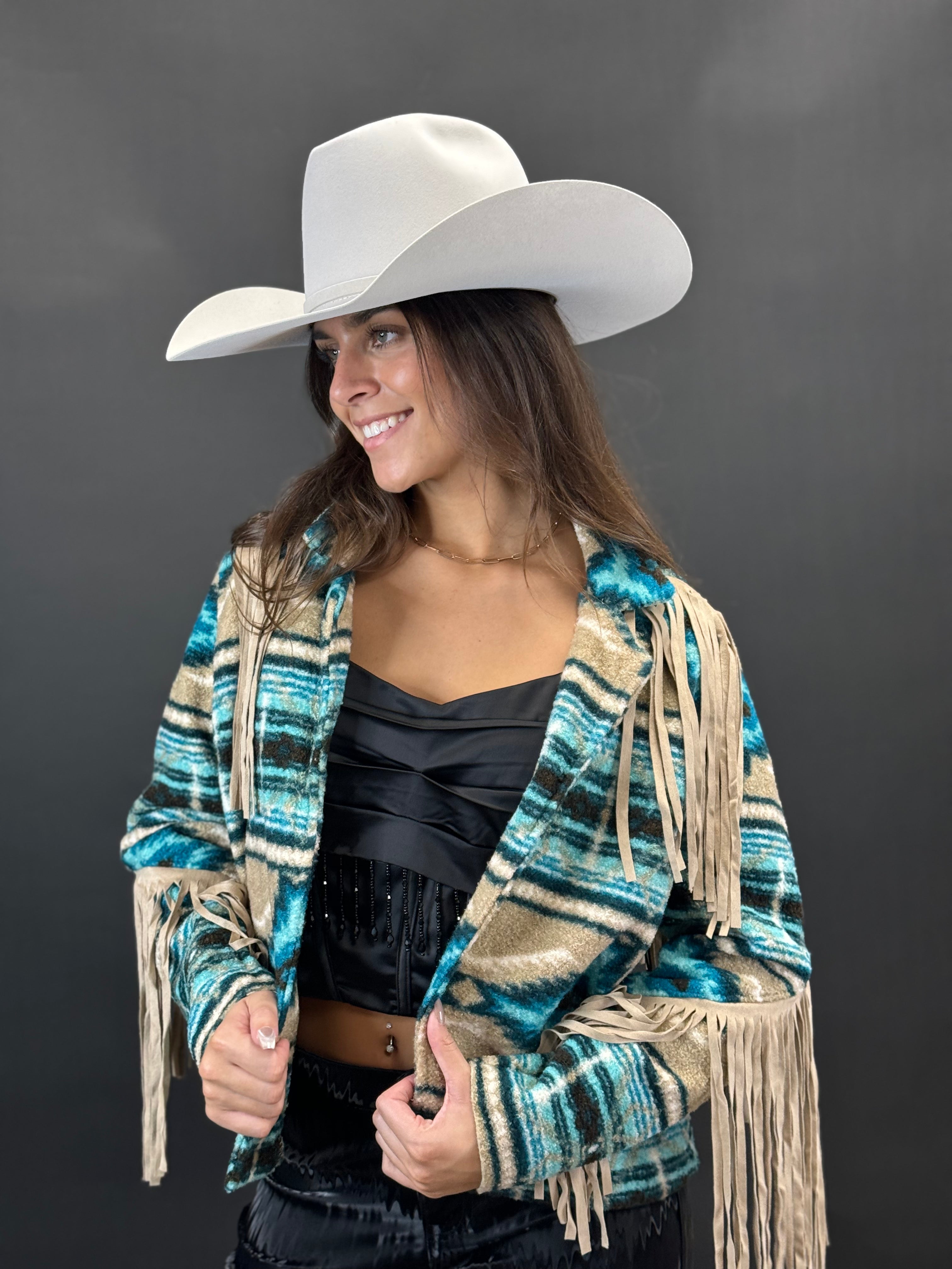 Rock&roll Womens Teddy Berber Jacket W Fringe Turquoise