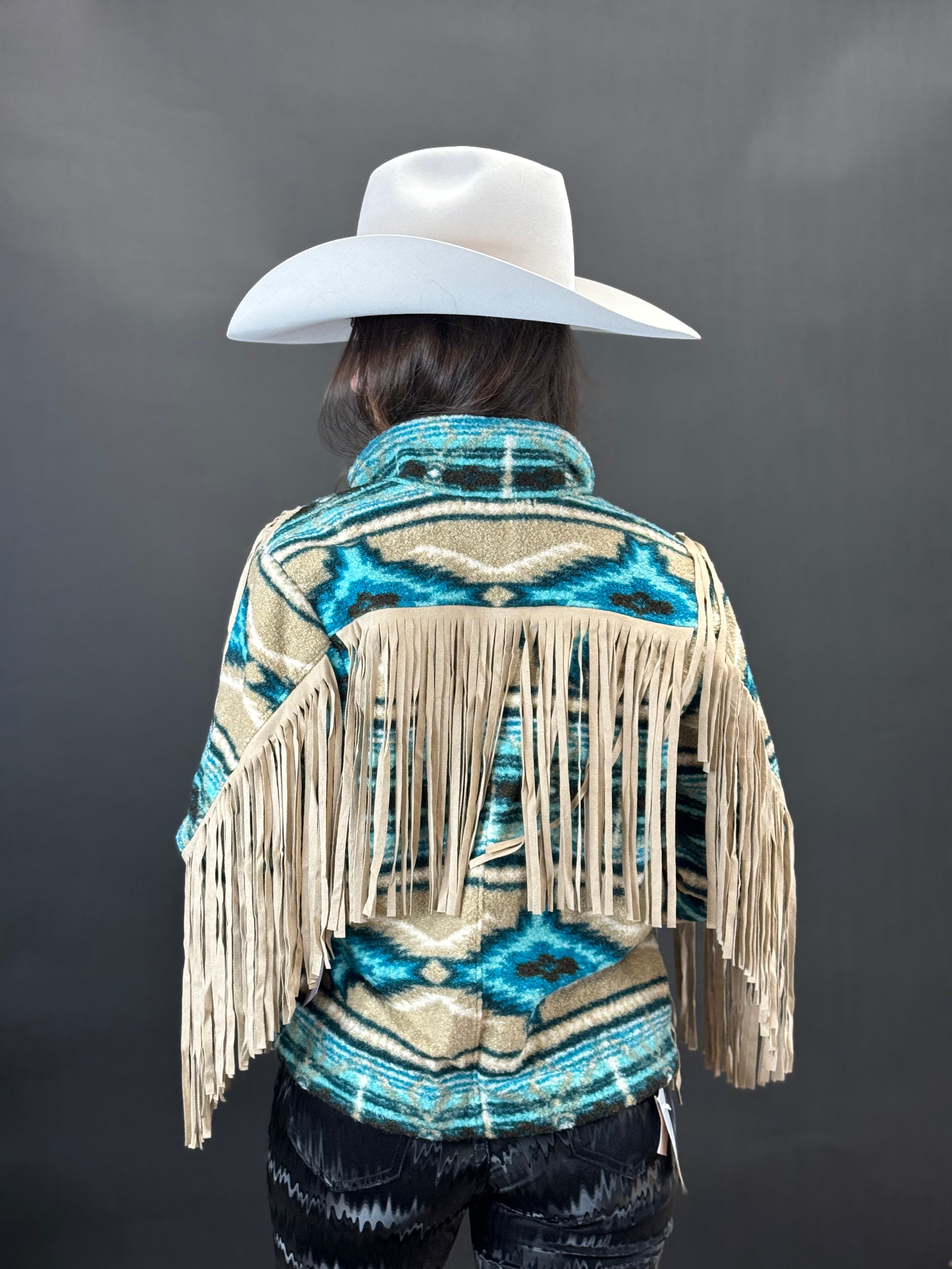 Rock&roll Womens Teddy Berber Jacket W Fringe Turquoise