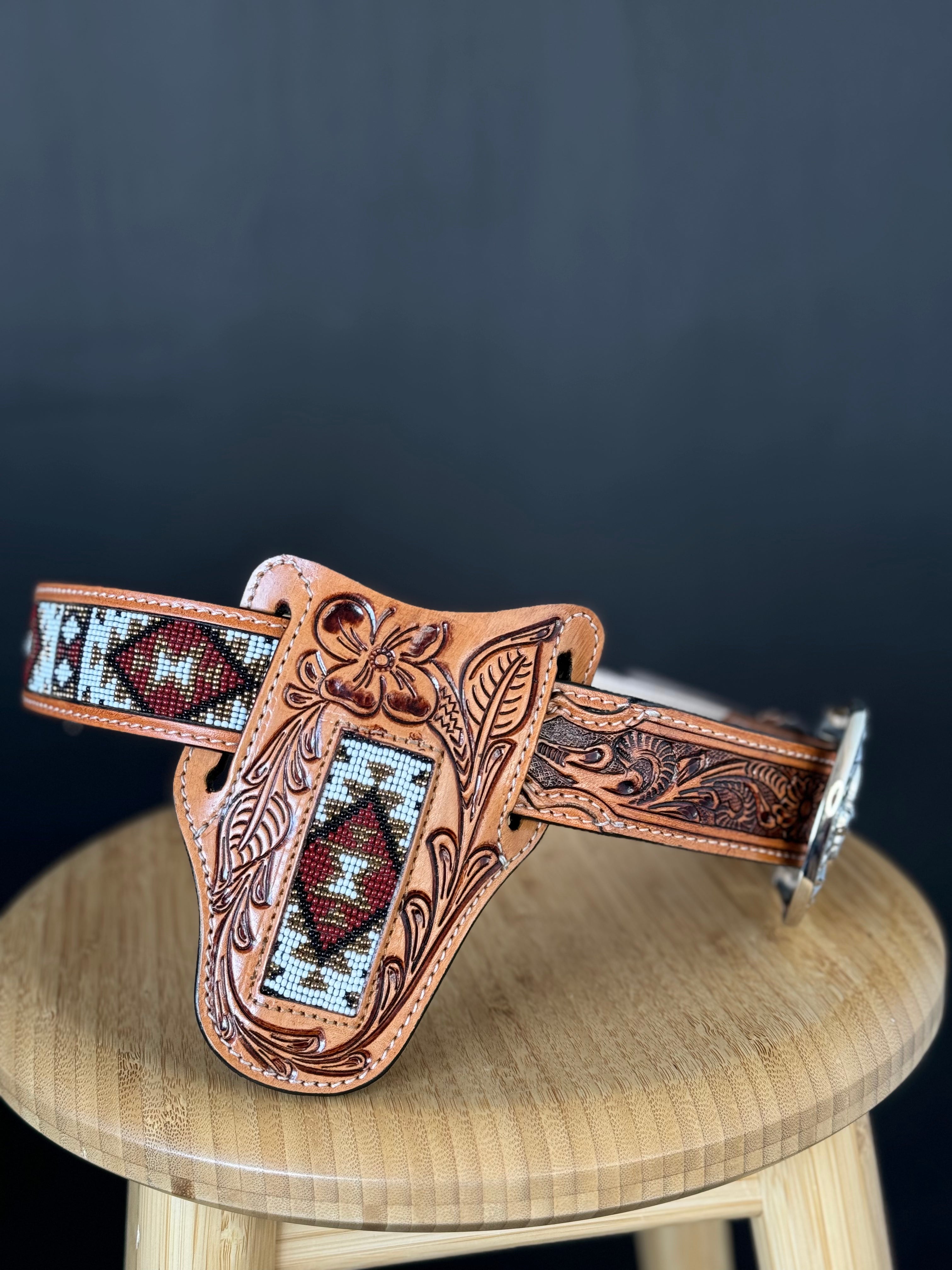 Cinto Azteca Cuero Cincelado White/Red Gold Only Belt!