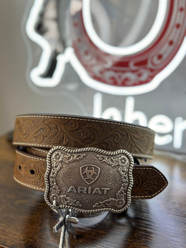 ARIAT BELT HAND TOOLED SAND SILVER BUCKLE
