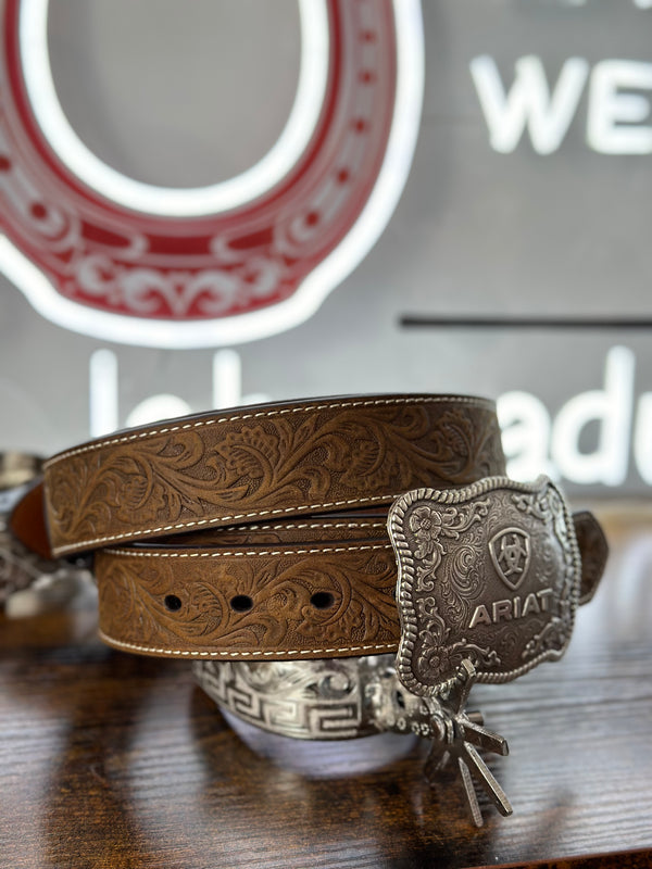 ARIAT BELT HAND TOOLED SAND SILVER BUCKLE