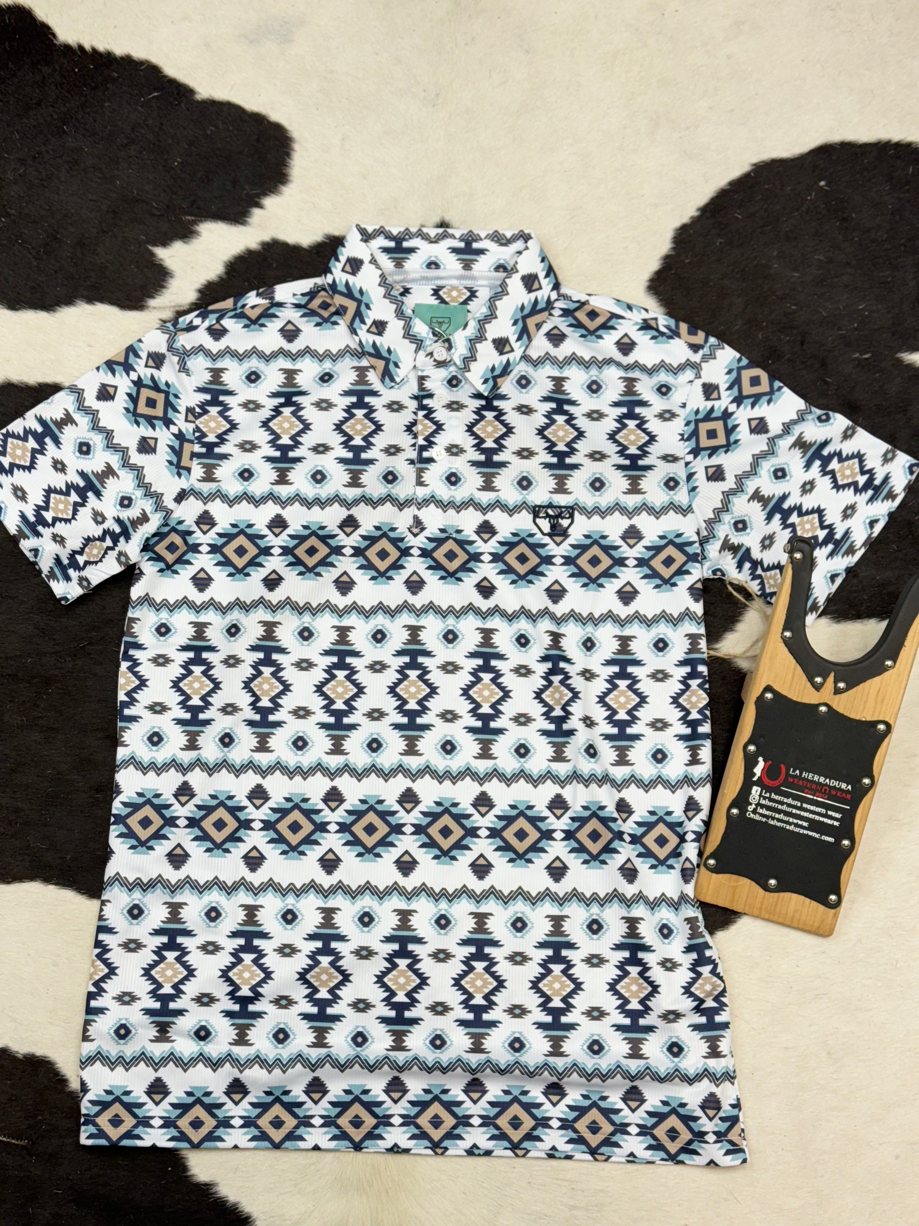 WHITE BLUE POLO AZTEC MARINE SHORT SLEEVE SHIRT