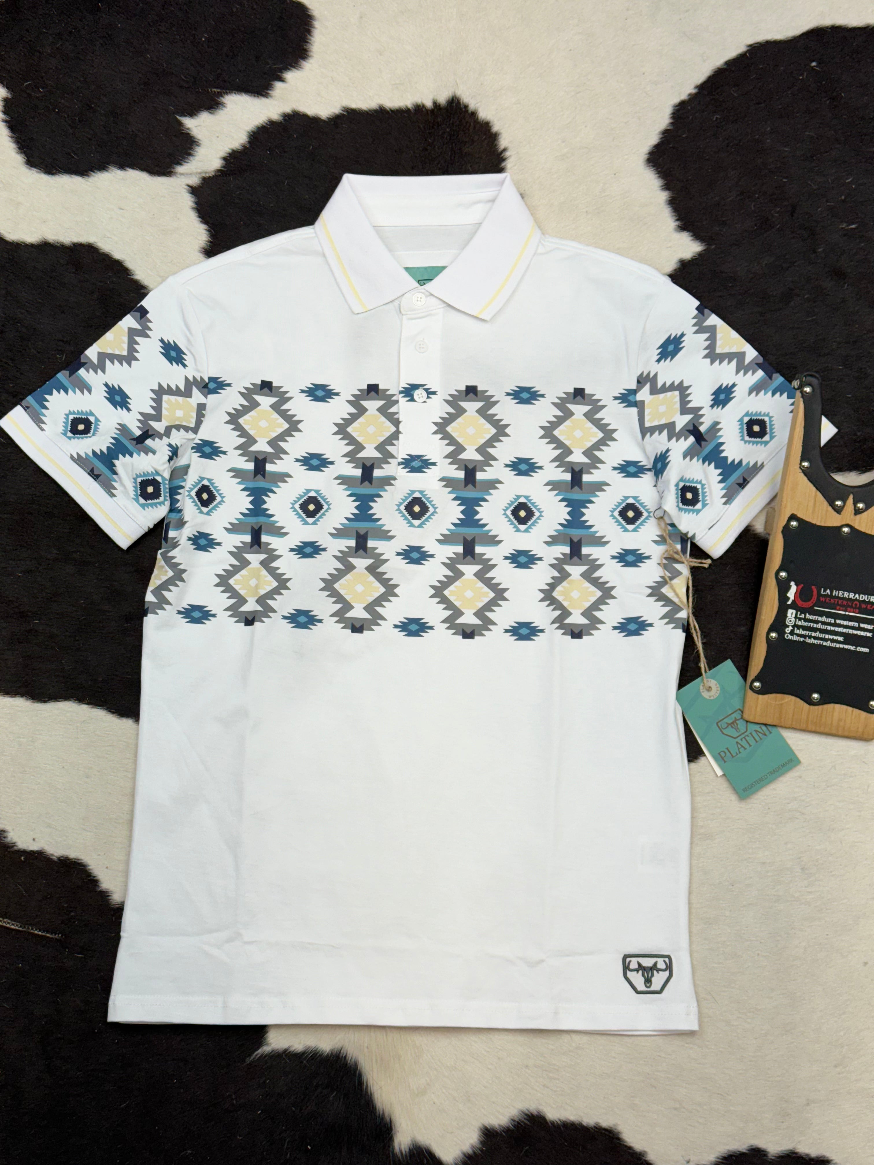 WHITE AZTEC POLO SHORT SLEEVE SHIRT BLUE TEAL