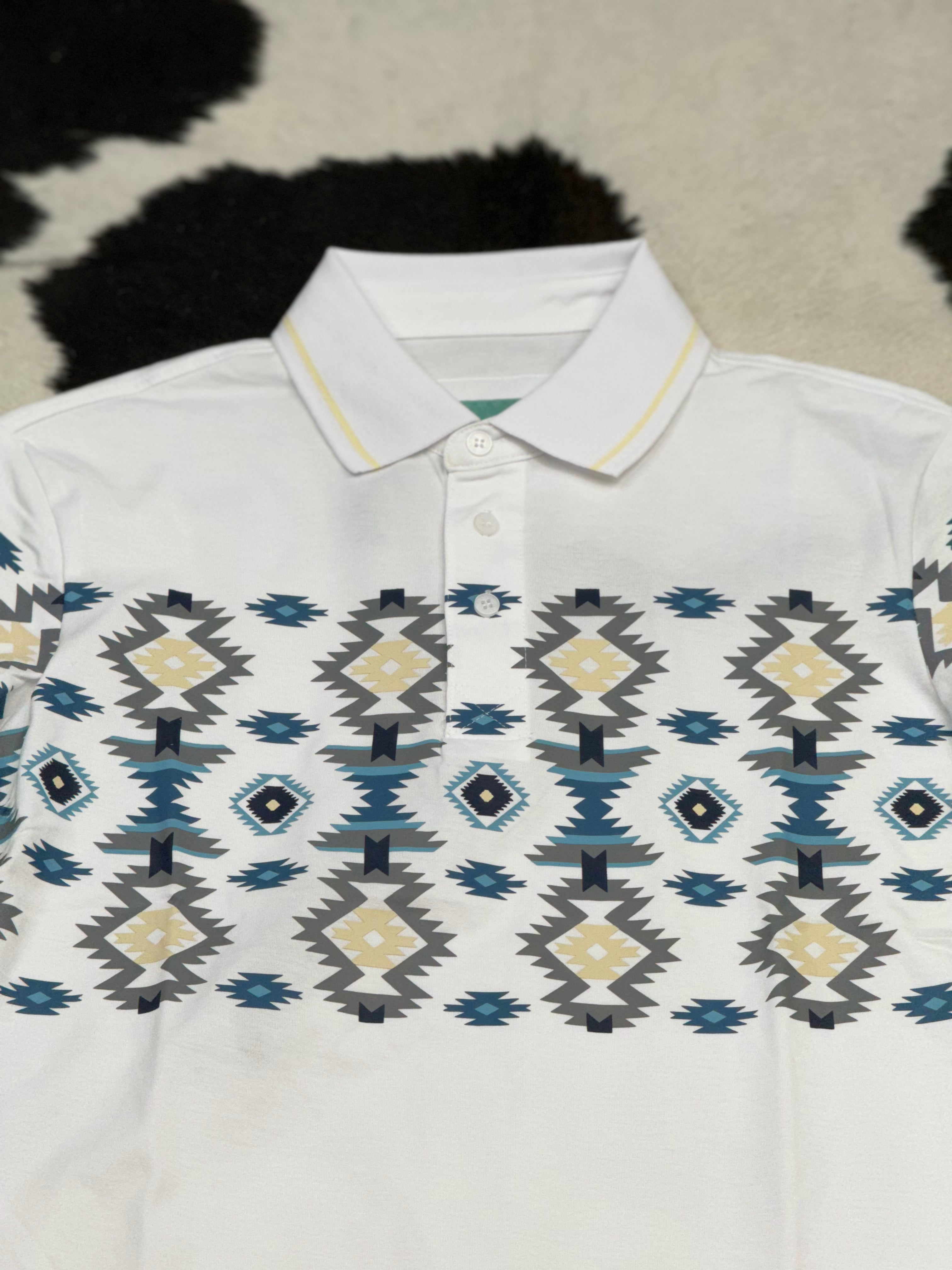 WHITE AZTEC POLO SHORT SLEEVE SHIRT BLUE TEAL