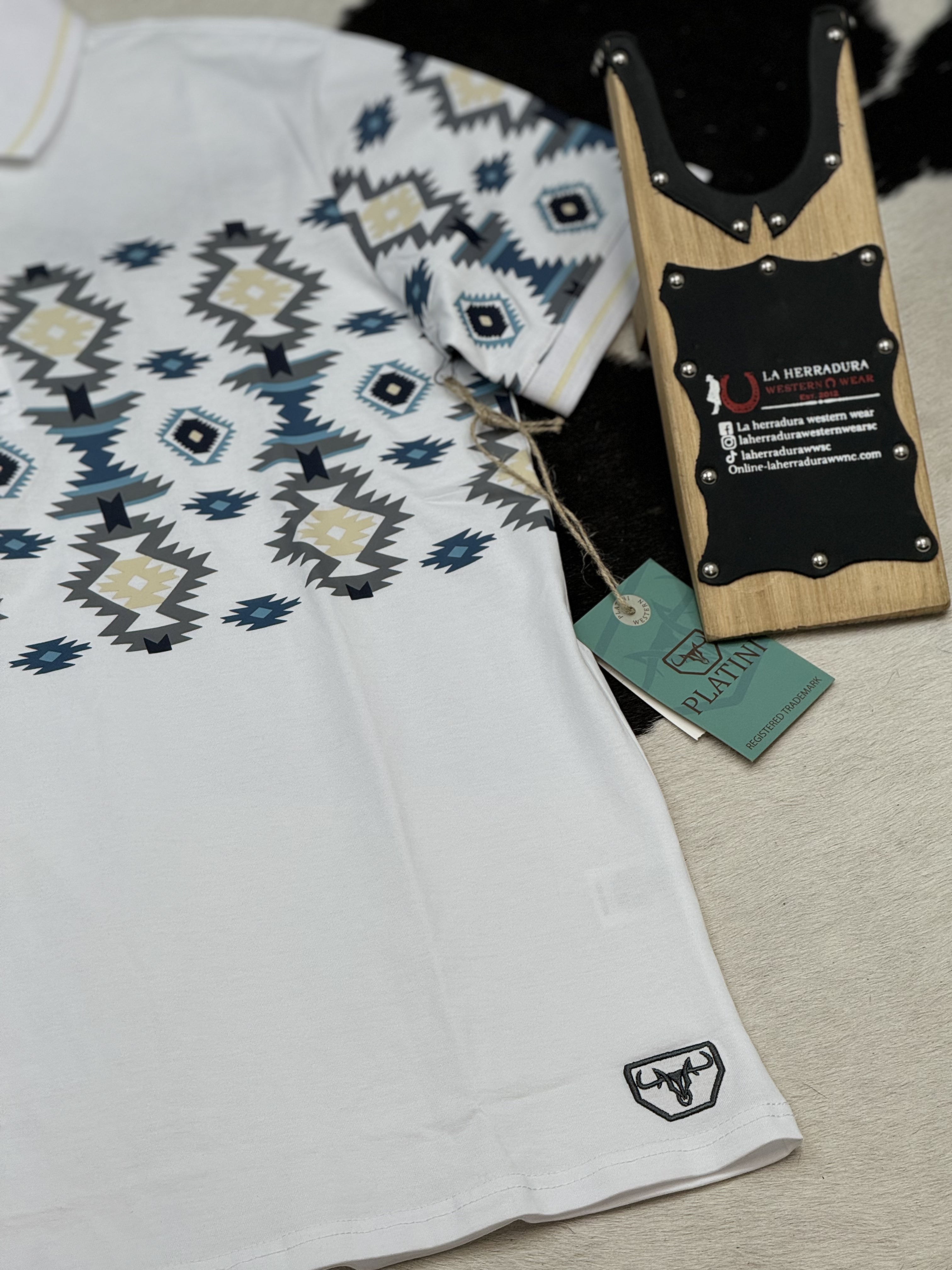 WHITE AZTEC POLO SHORT SLEEVE SHIRT BLUE TEAL