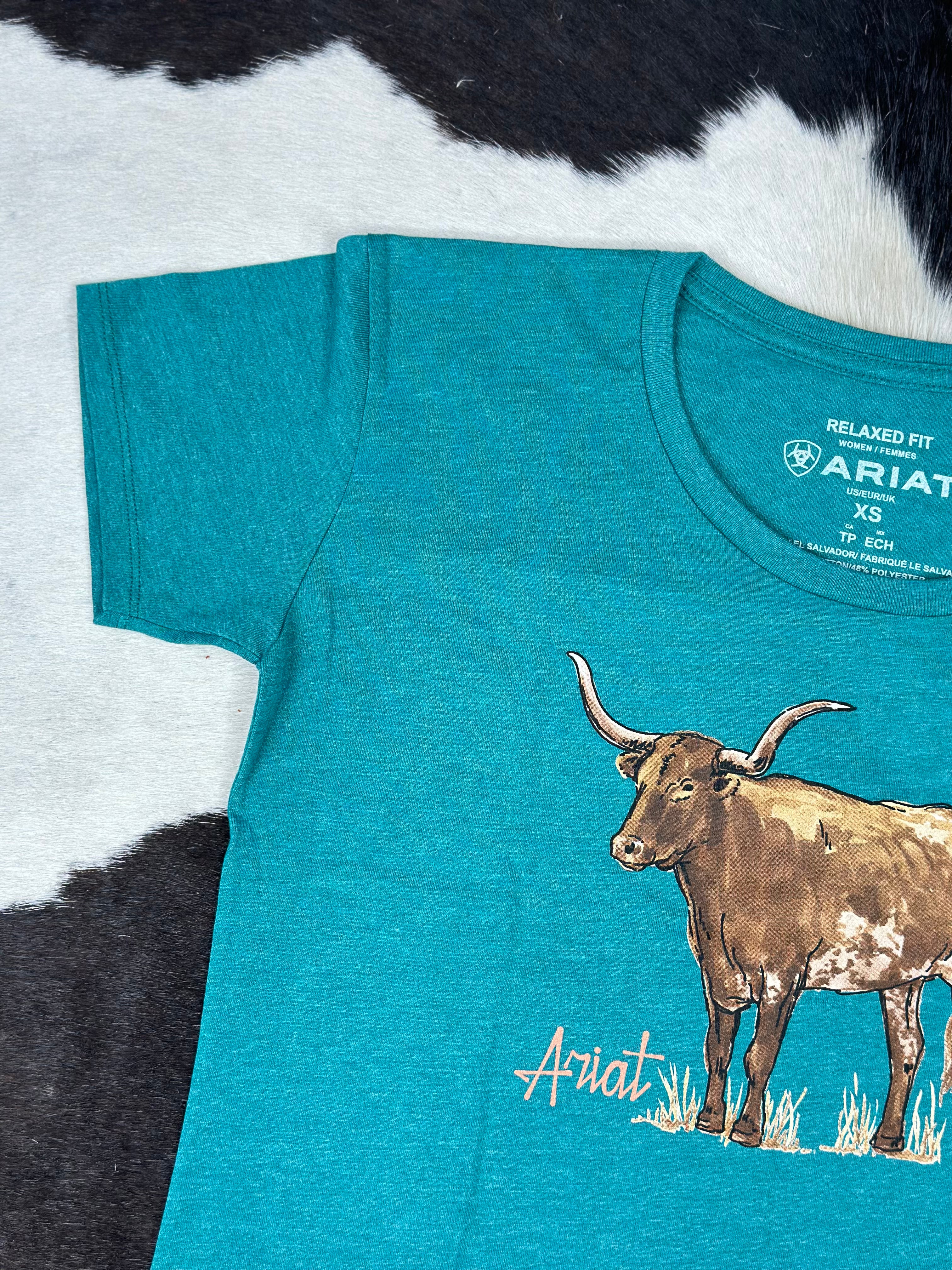 ARIAT LONGHORN WATERCOLOR TEAL GREEN HEATHER SHORT SLEEVE T-SHIRT