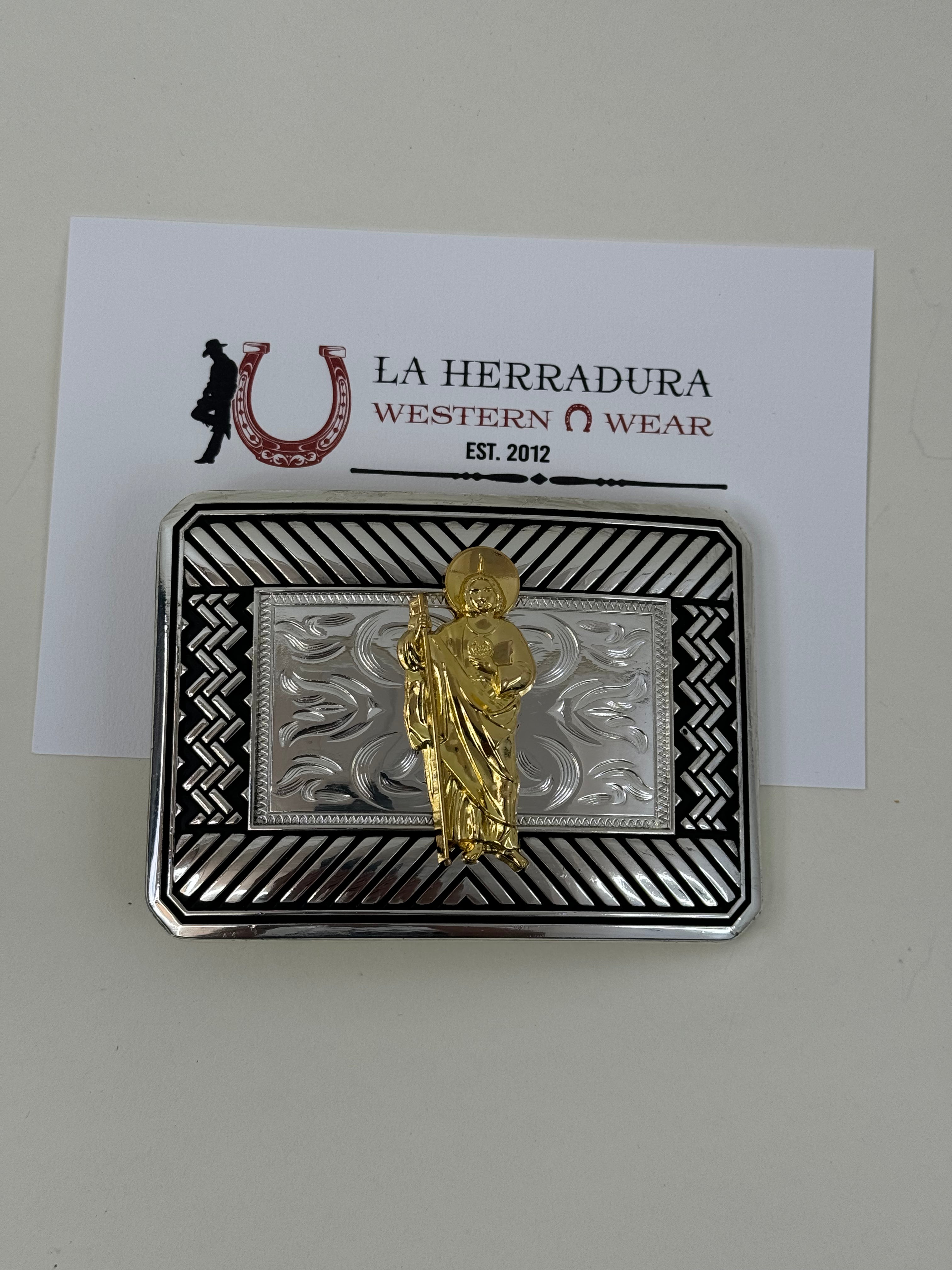 SAN JUDAS GOLD SILVER DETAIL SQUARE BUCKLE