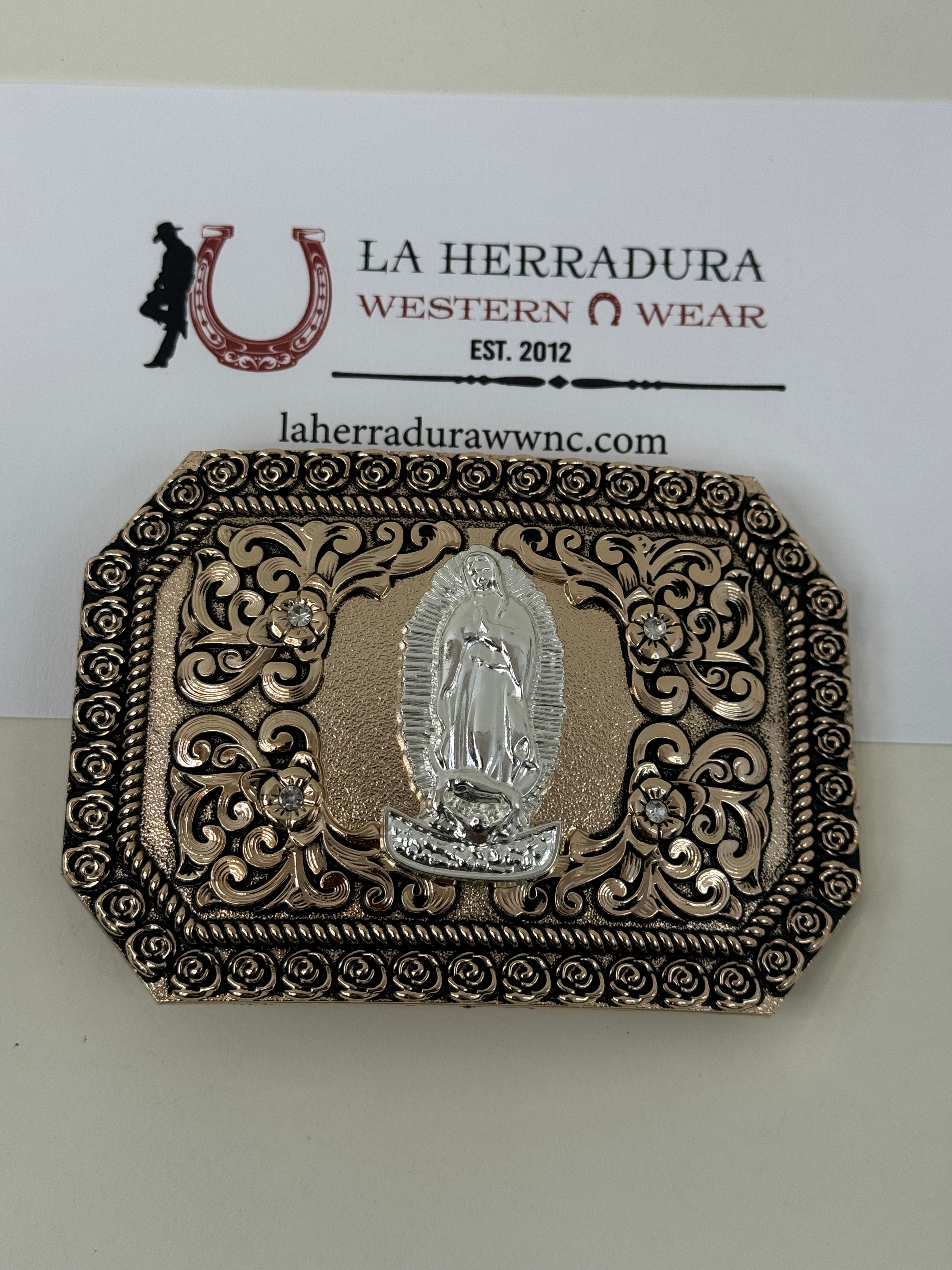 VIRGDEN DE GUADALUPE ROSE GOLD SILVER DETAIL SQUARE BUCKLE