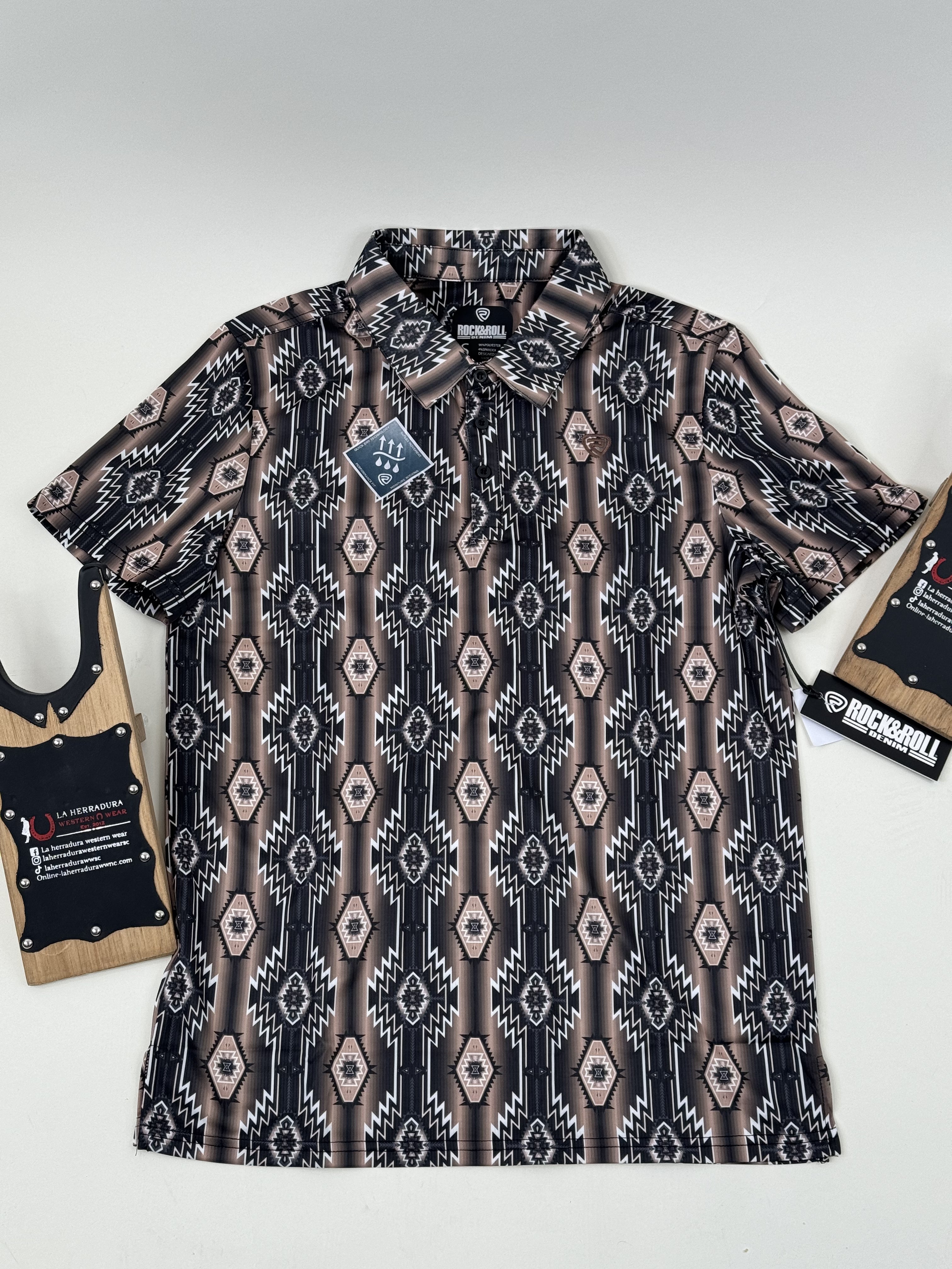 ROCK&ROLL POLO BLACK AZTEC SNAP SHORT SLEEVE 5031