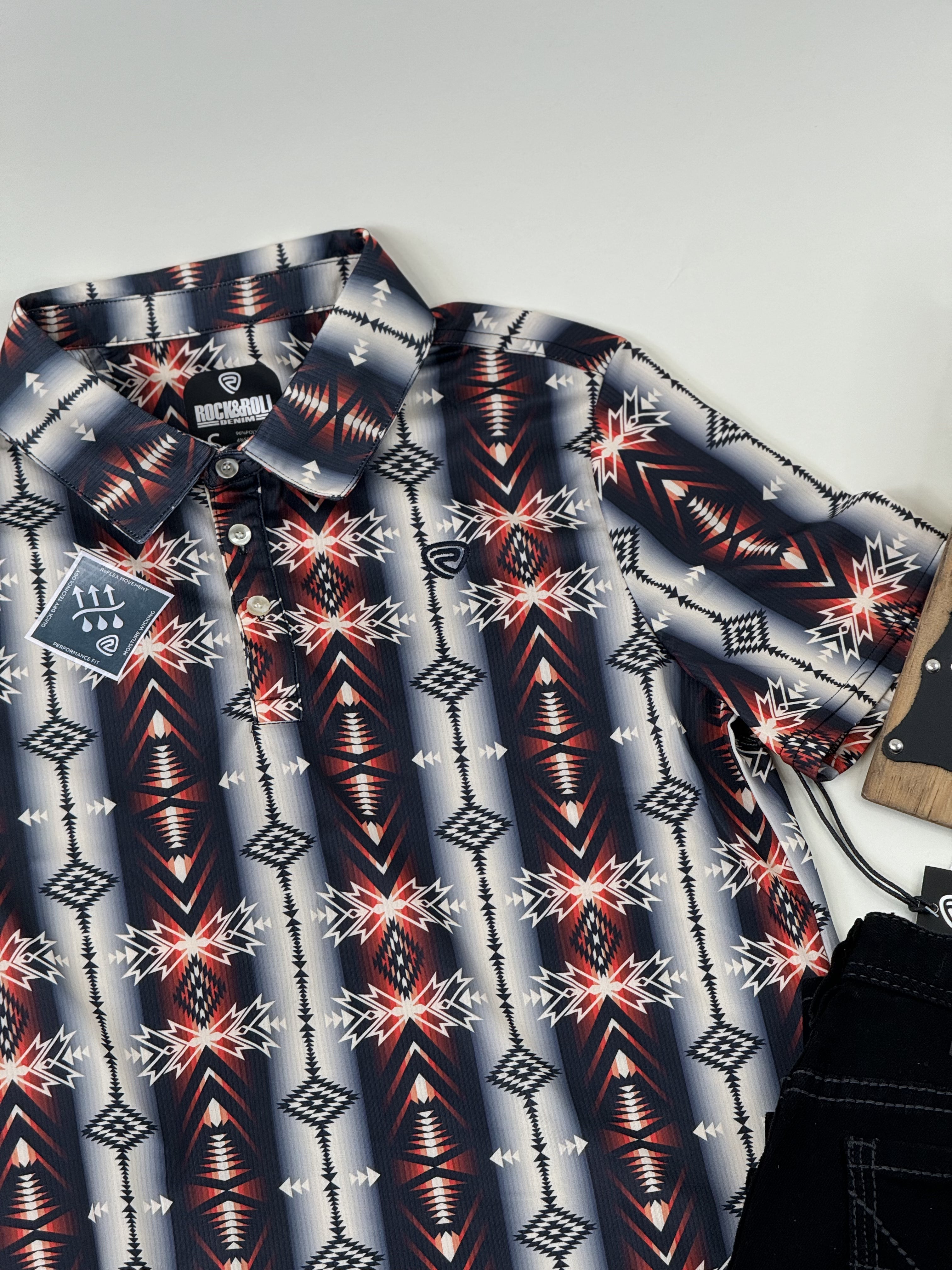 ROCK&ROLL POLO NAVY AZTEC SNAP SHORT SLEEVE 5027