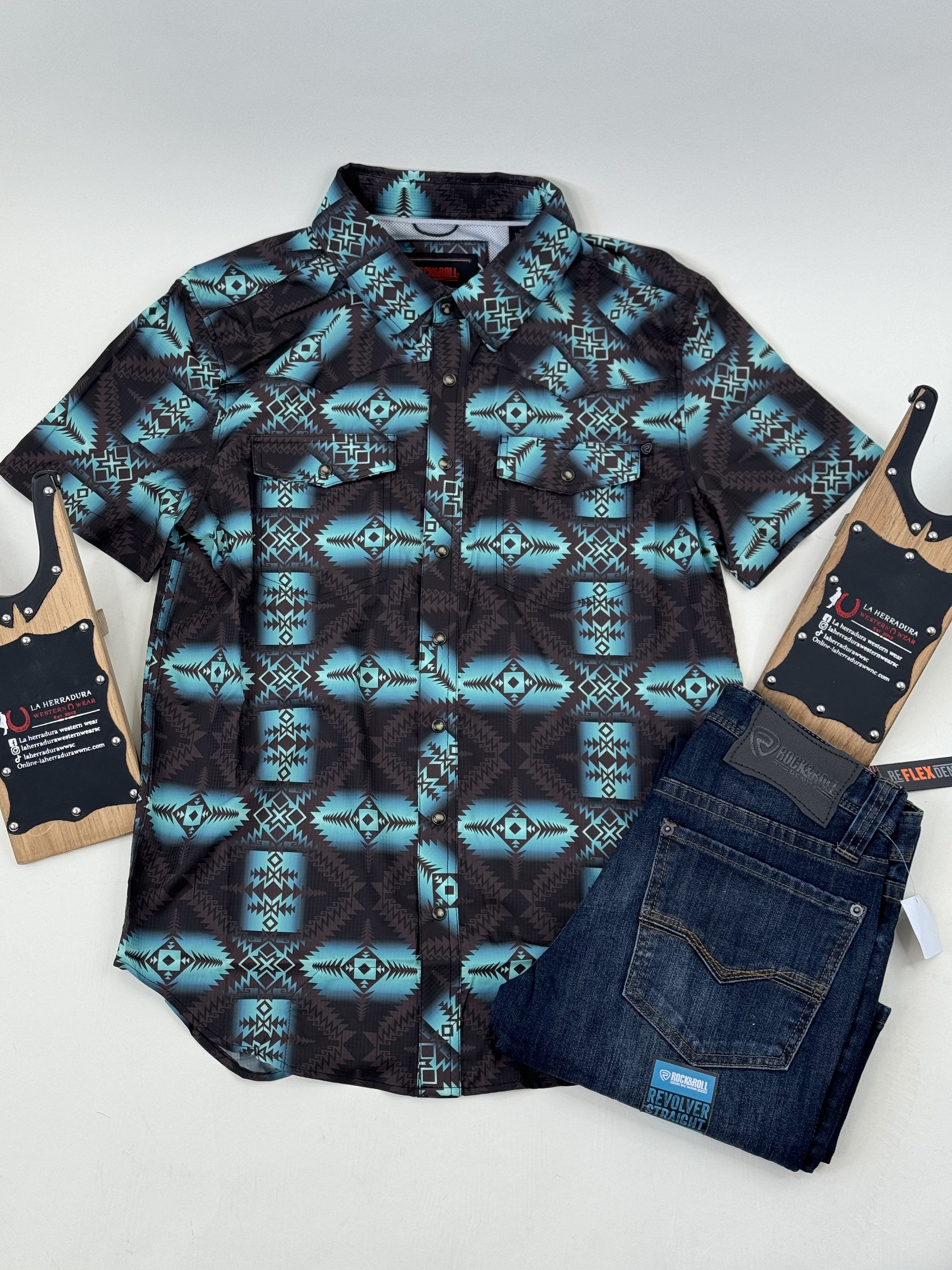 ROCK&ROLL TEAL AZTEC SNAP SHORT SLEEVE 4808