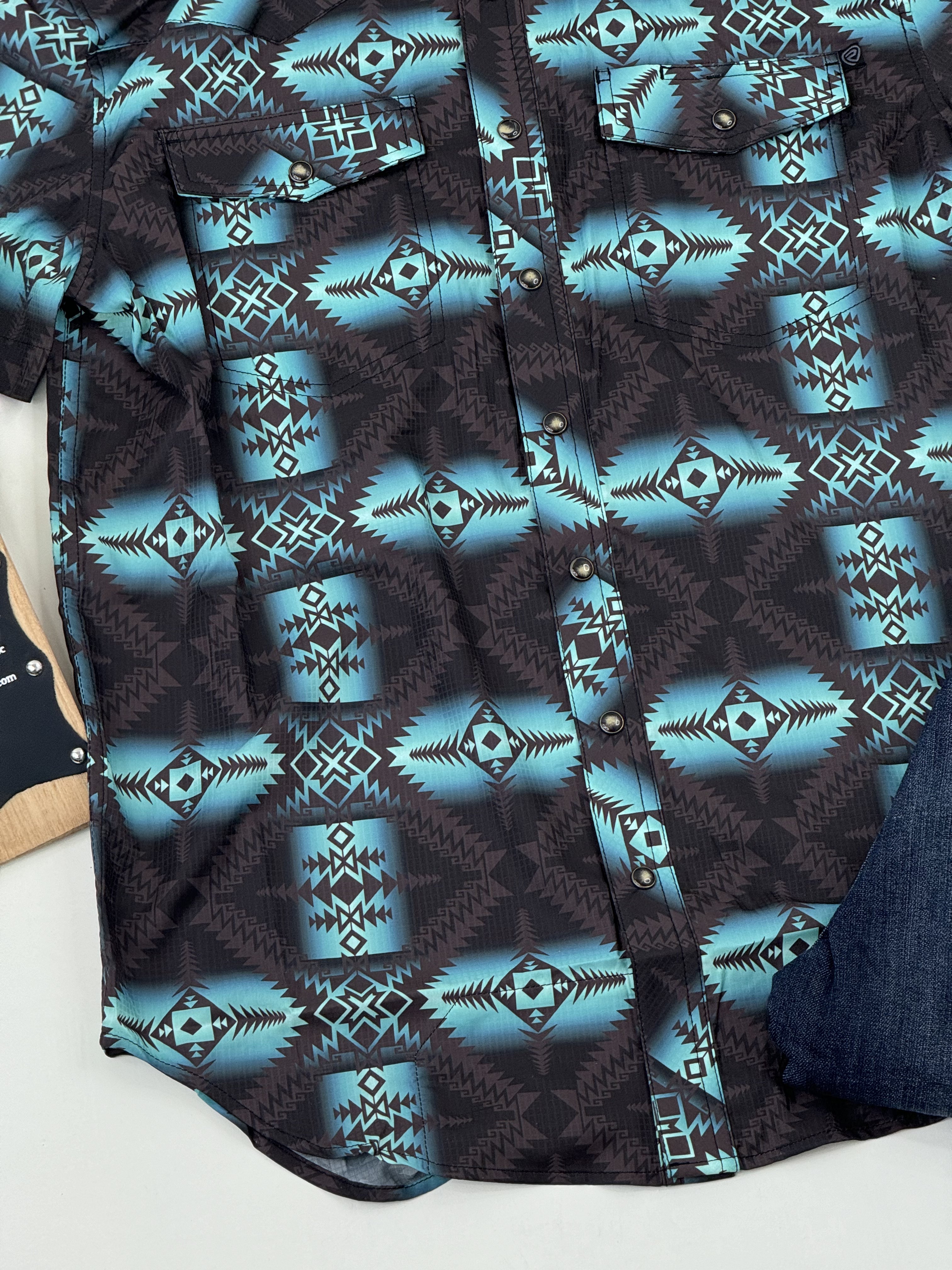 ROCK&ROLL TEAL AZTEC SNAP SHORT SLEEVE 4808