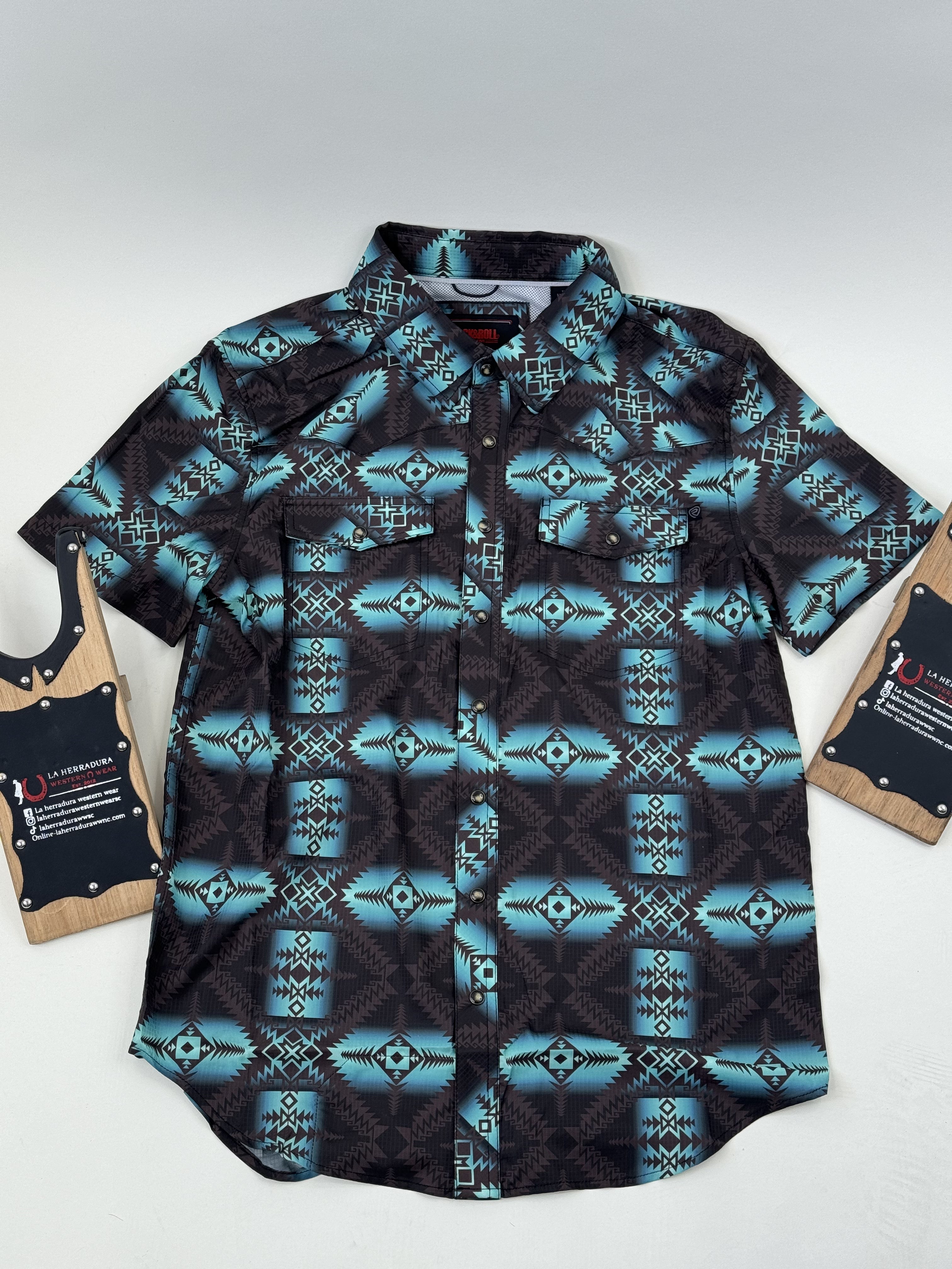 ROCK&ROLL TEAL AZTEC SNAP SHORT SLEEVE 4808