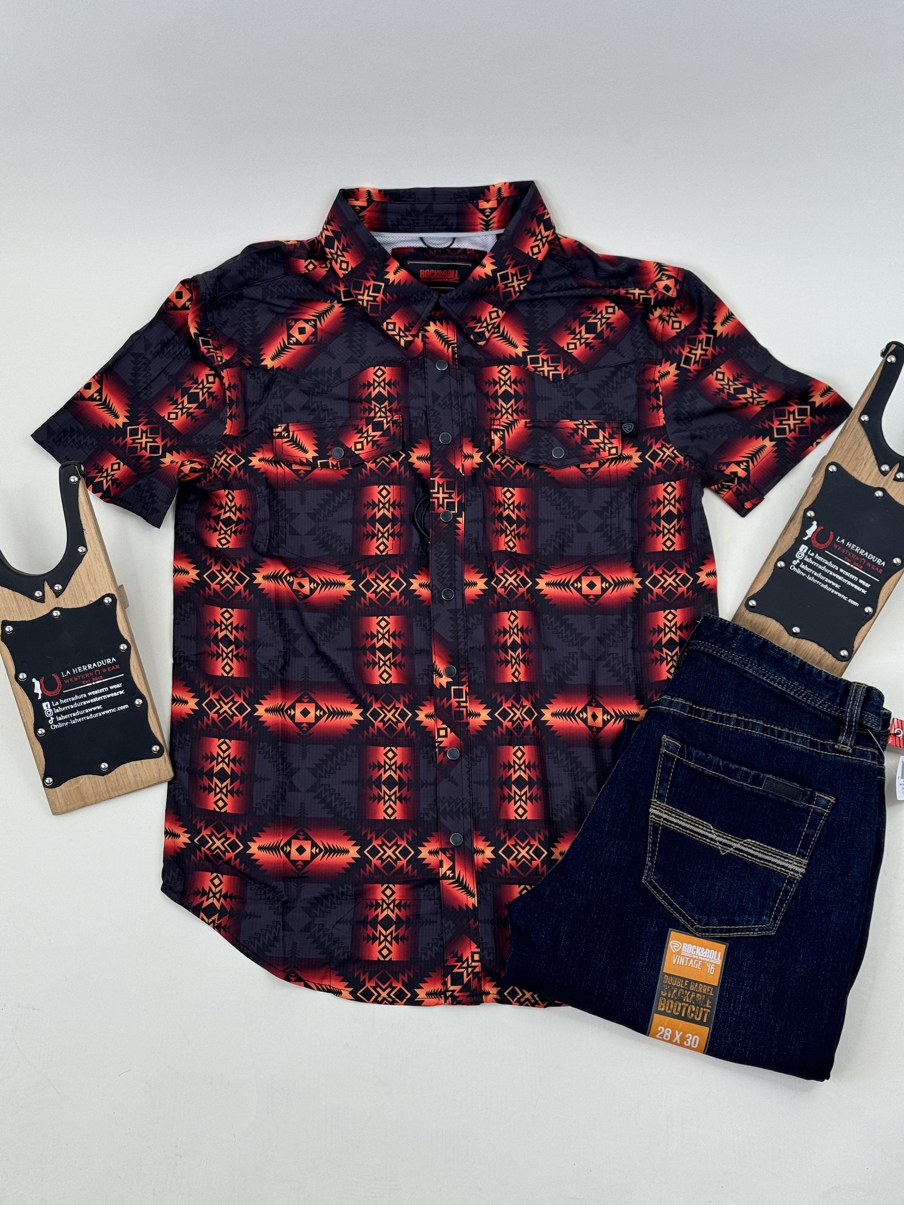 ROCK&ROLL ORANGE AZTEC SNAP SHORT SLEEVE 4803