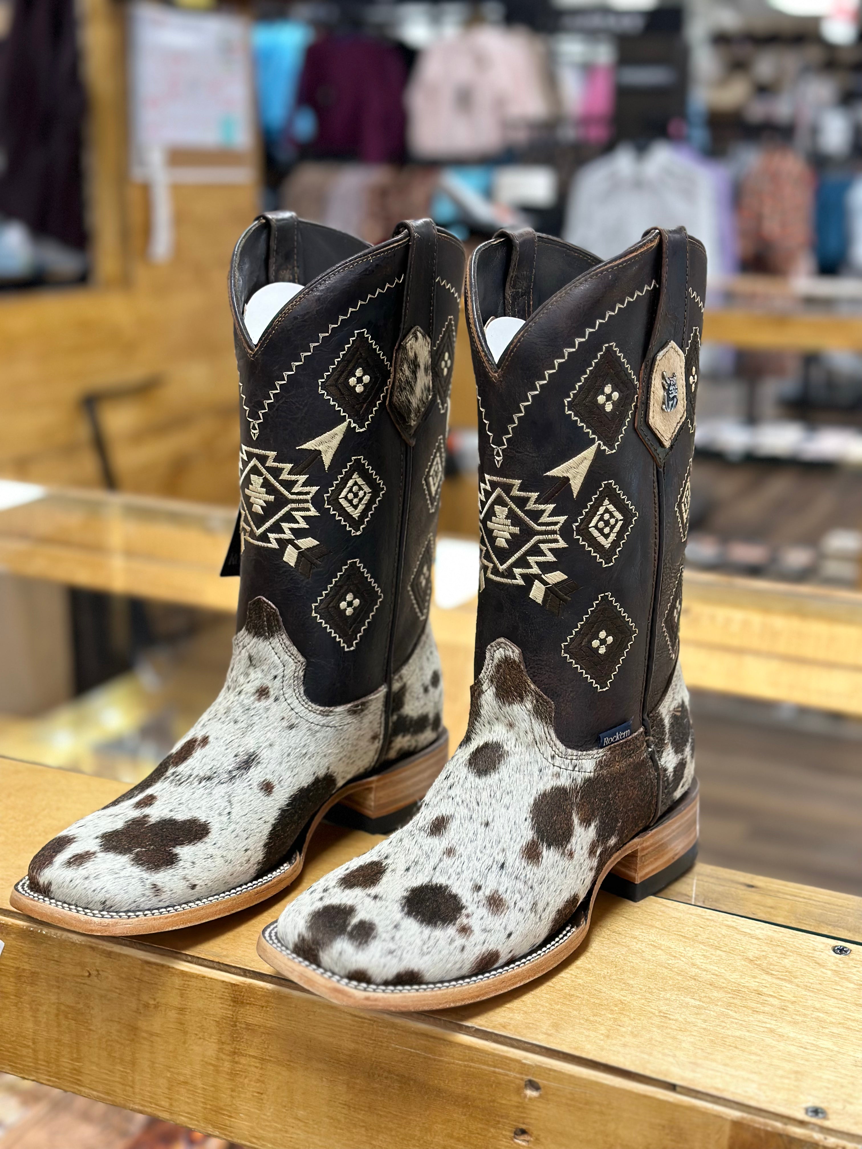 MENS ROCK'EM WHITE & BROWN COW HIDE (EVERY PAIR IS UNIQUE)