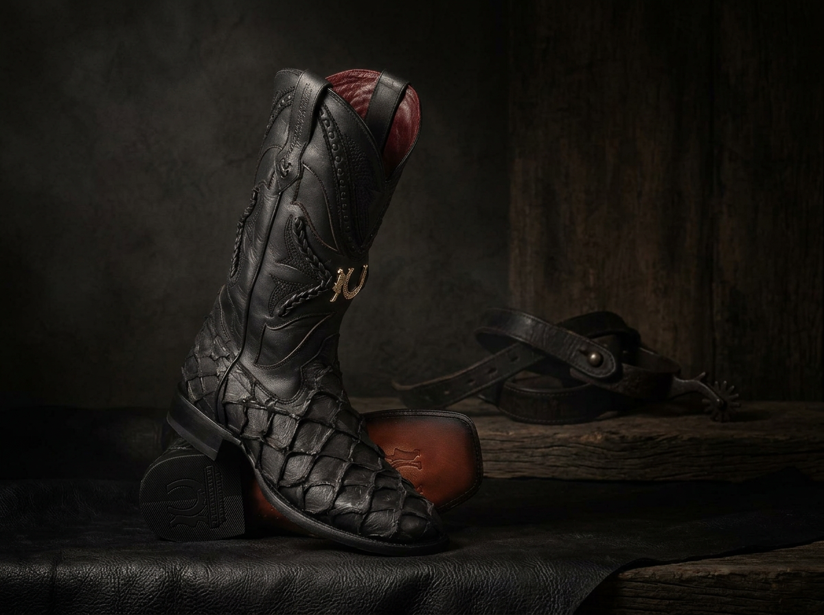 LA HERRADURA MENS PREM. EXOTIC FISH BLACK SQ TOE