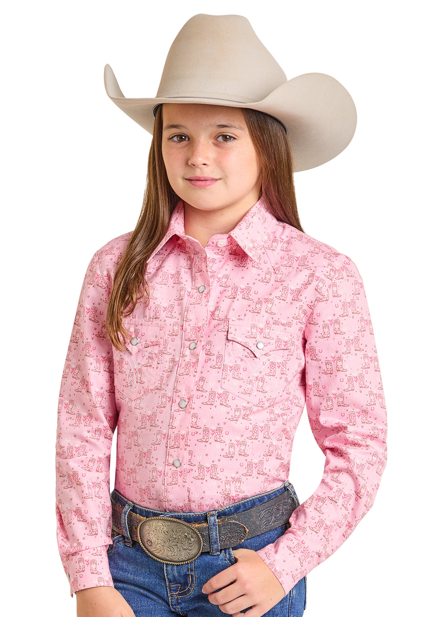 PANHANDLE WL GIRLS LS PRINT SNAP SHIRT PINK LGN2S07375