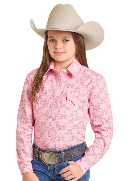 CAMISA A PRESIÓN ESTAMPADA DE MANGA LARGA PANHANDLE WL PARA NIÑAS, ROSA LGN2S07375