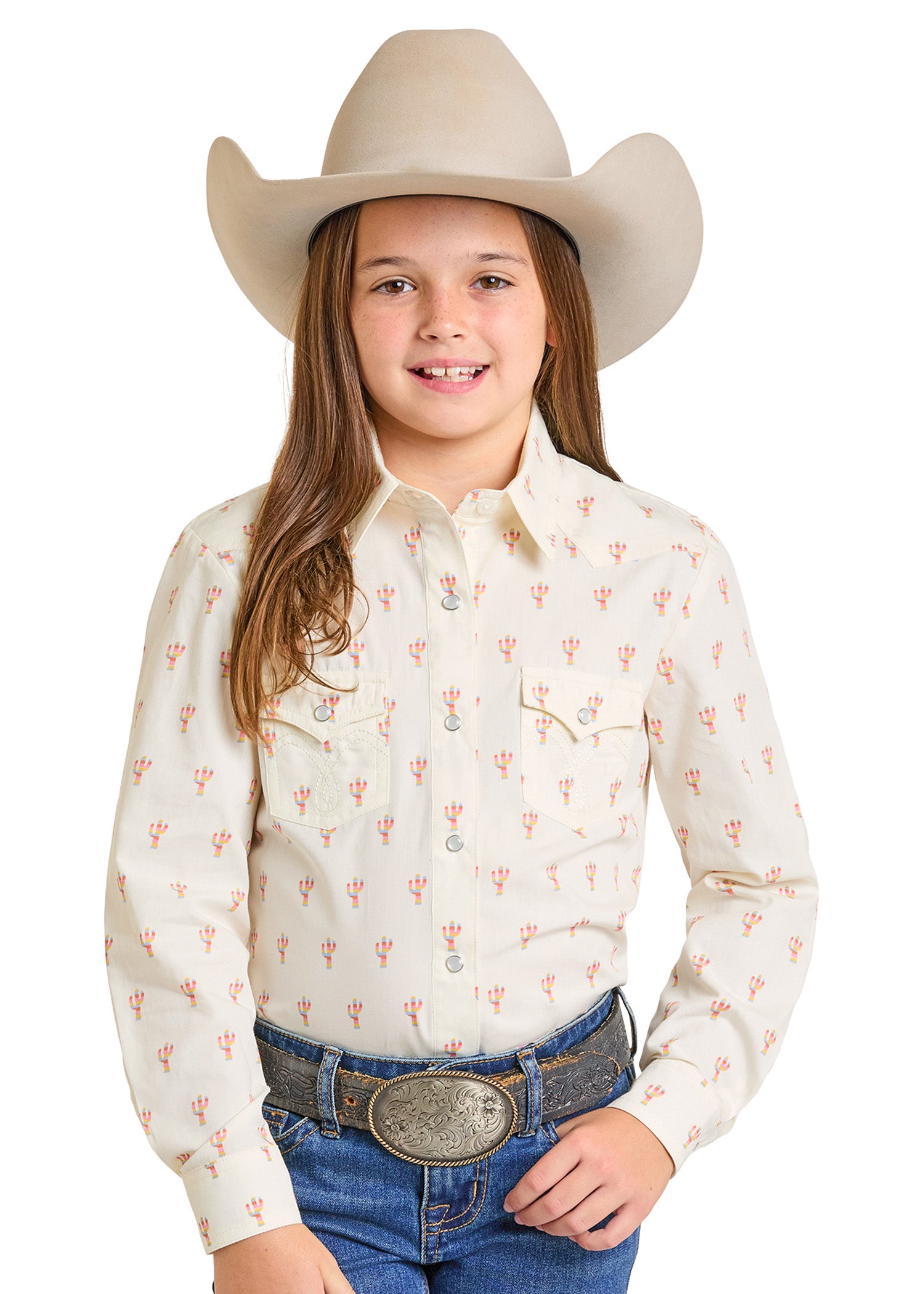 PANHANDLE WL GIRLS LS PRINT SNAP SHIRT ECRU LGN2S07376