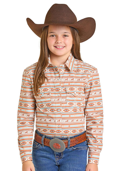 CAMISA DE BROCHES ESTAMPADA DE MANGA LARGA PANHANDLE WL PARA NIÑA, MARRÓN LGN2S07380