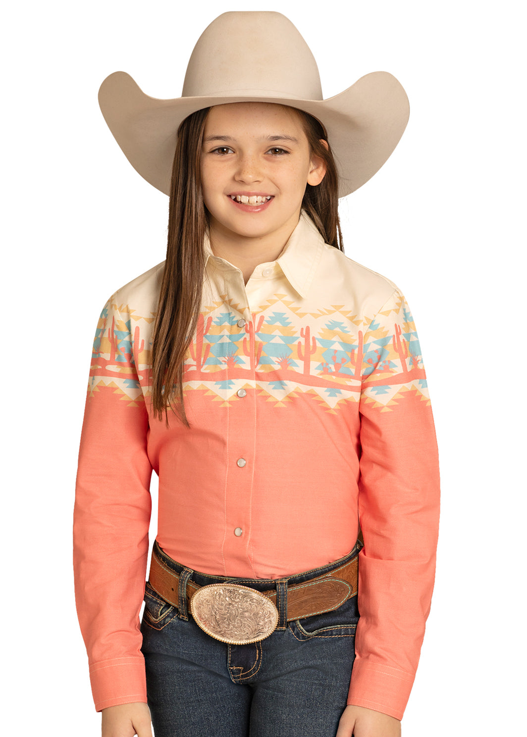 PANHANDLE GIRLS LS PRINT SNAP SHIRT CORAL LGN2S08038