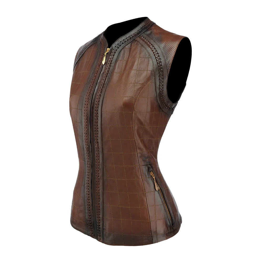 Cuadra Womens Checkered embroidered brown leather vest