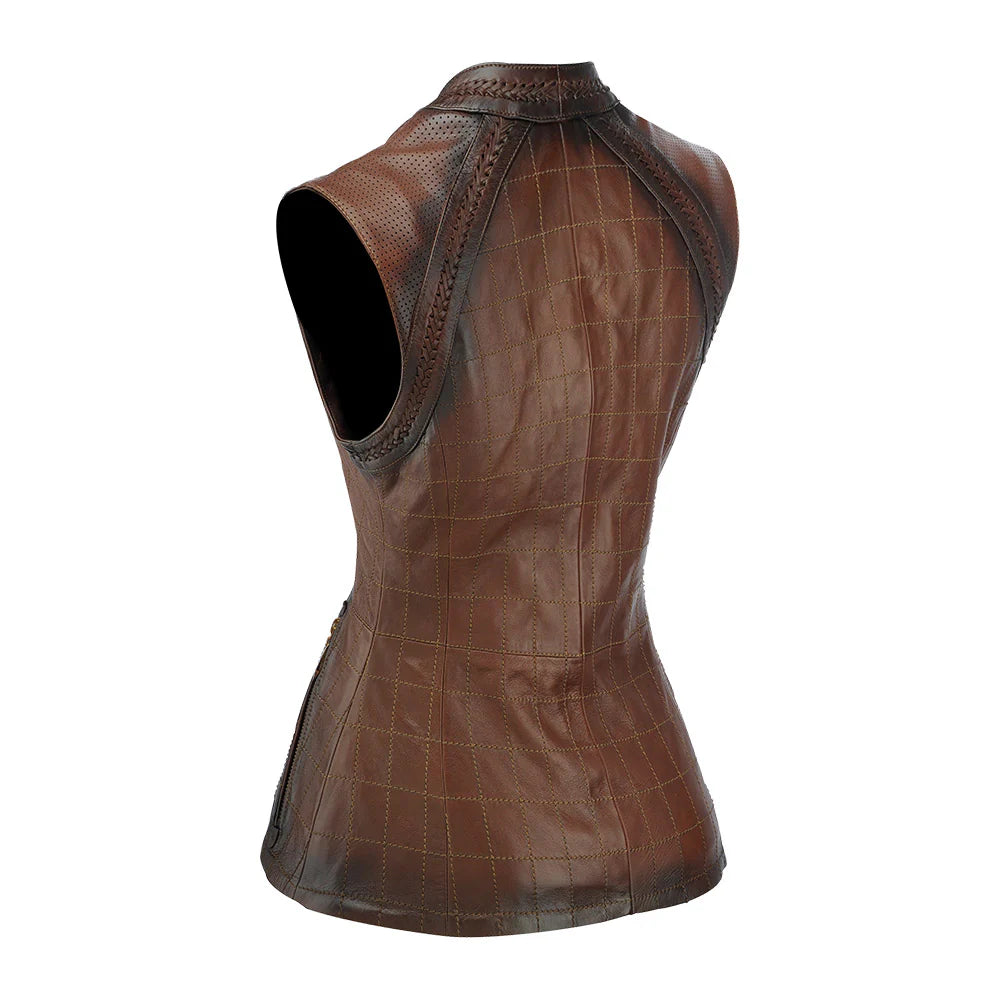 Cuadra Womens Checkered embroidered brown leather vest