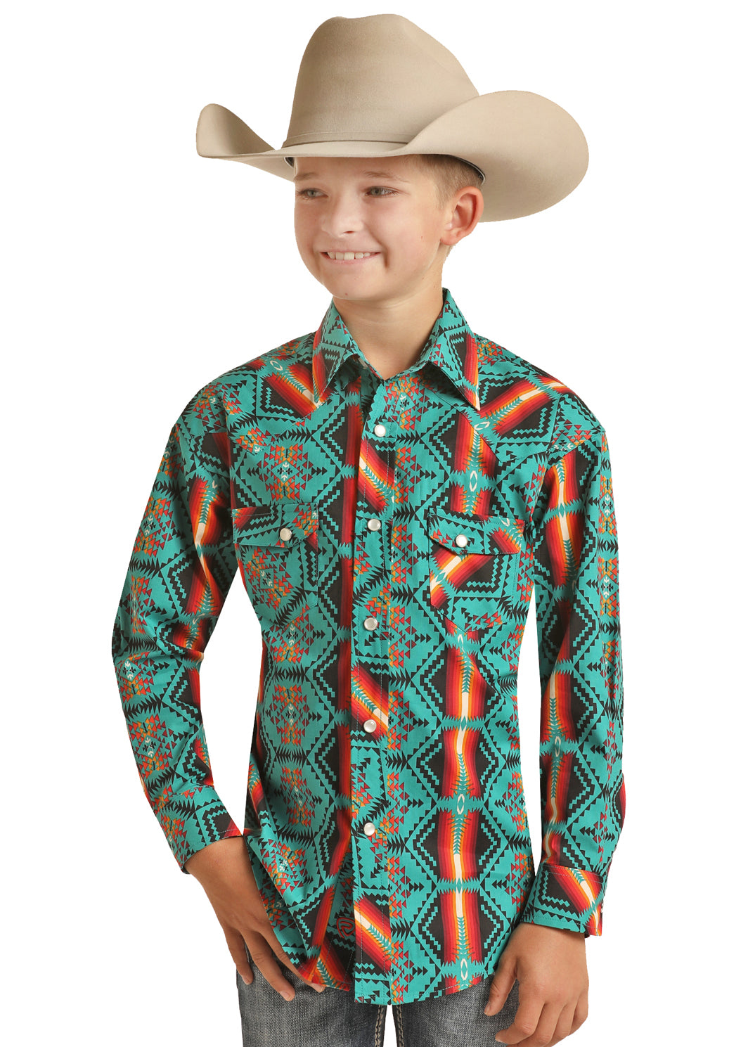 ROCK&ROLL KIDS BOYS AZTEC POPLIN PRINT TEAL RRBSOSRZ15