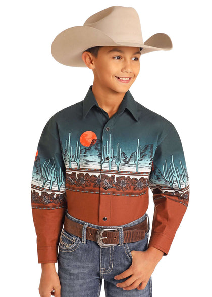 Camisa de Manga Larga para Niño Panhandle Black con Borde Suroeste y Estampado Azteca - SBN2S04457
