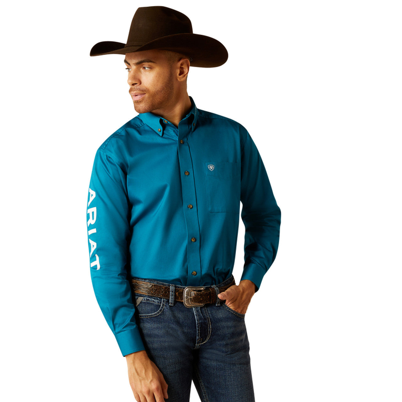 ARIAT CLASIC TEAM LOGO DARK TEAL WHITE LONG SLEEVE SHIRT