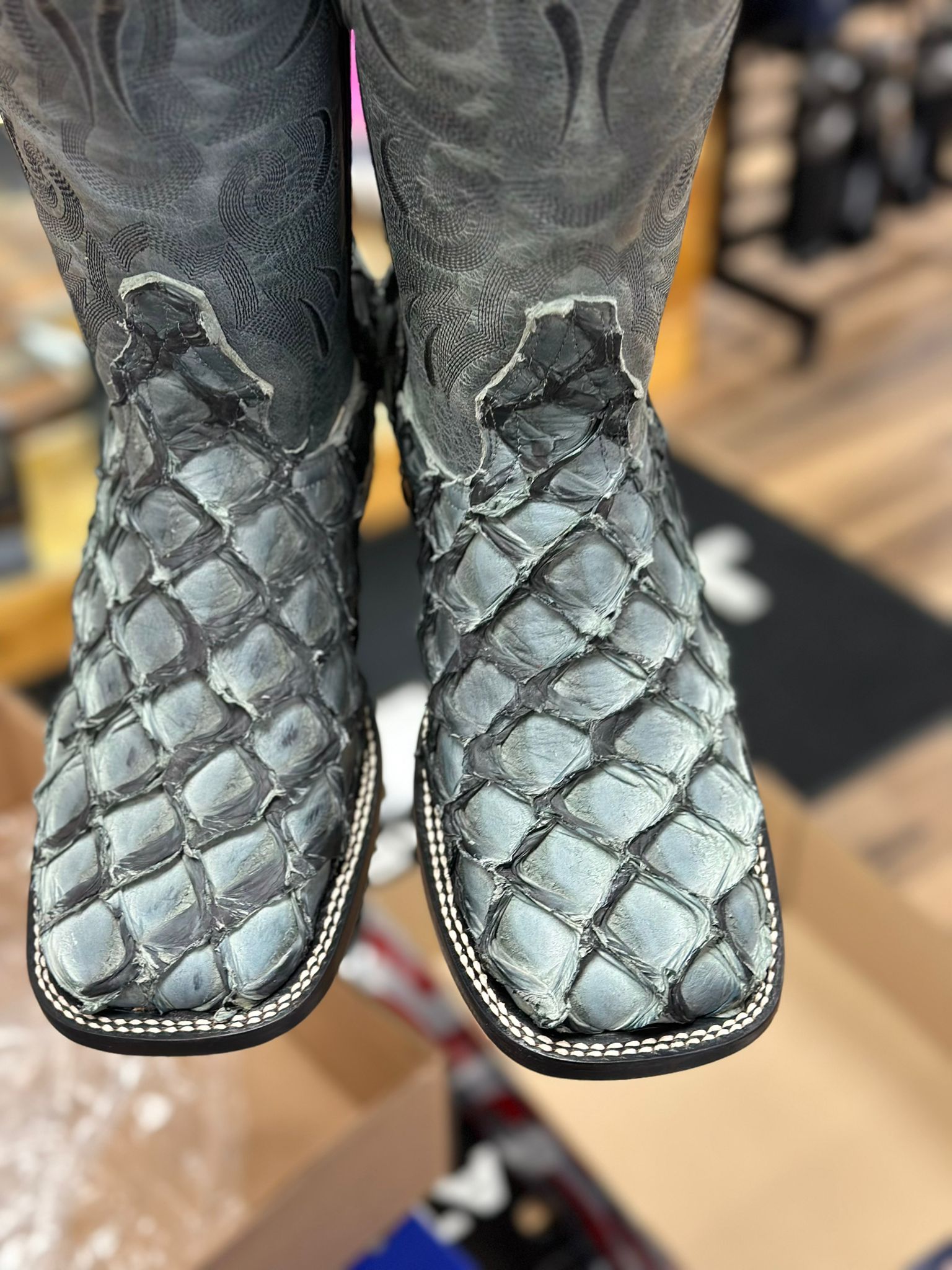 THE STAGE COACH BOOT CO. SQUARE TOE EXOTIC NOVA CHARCOAL FISH SKIN