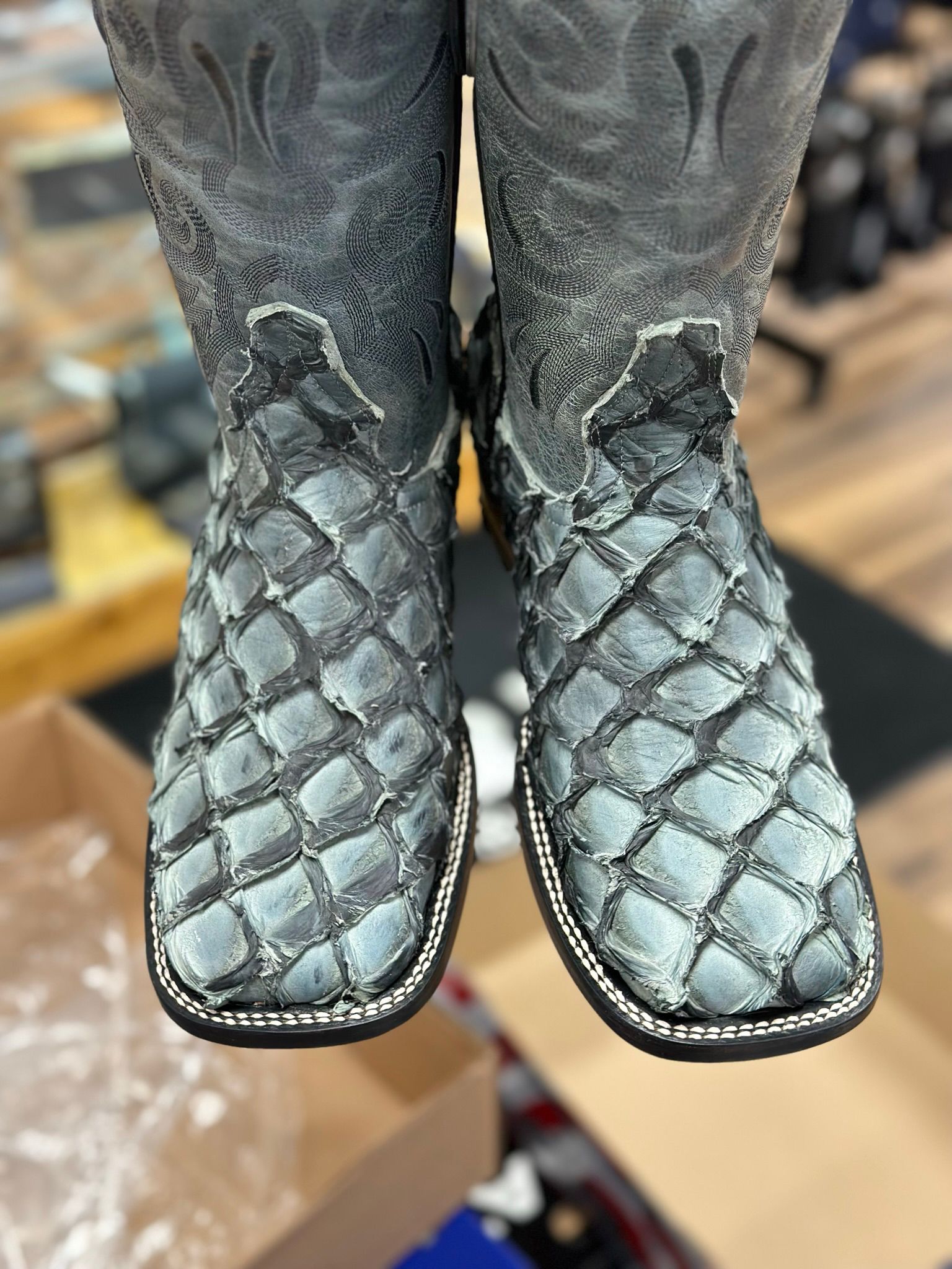 THE STAGE COACH BOOT CO. SQUARE TOE EXOTIC NOVA CHARCOAL FISH SKIN