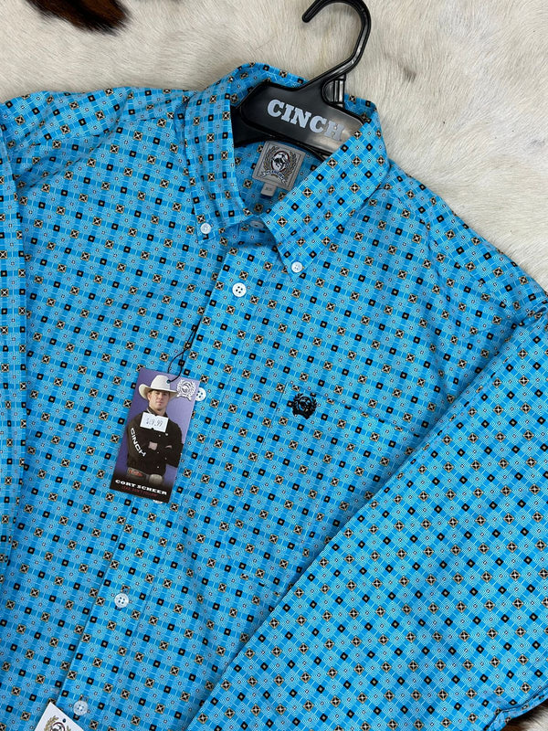 Cinch Turquoise Patterned Long Sleeve Button Up
