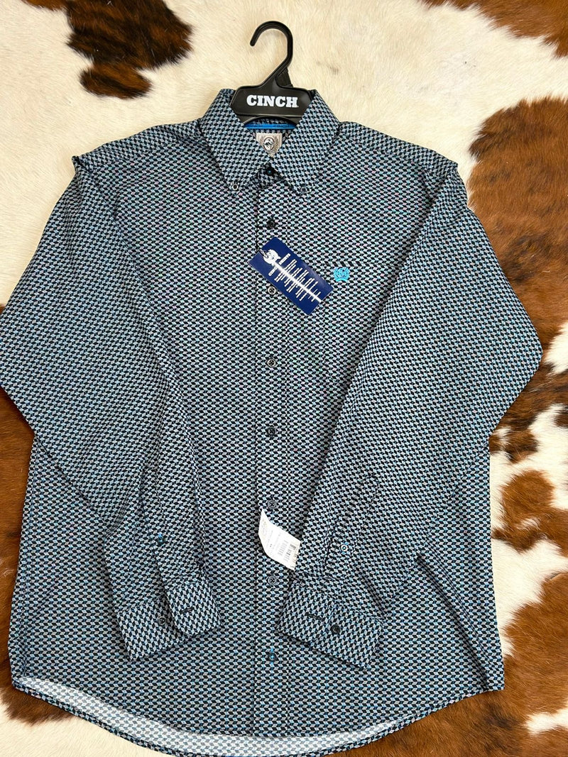 Cinch Navy Blue Patterned Long Sleeve Button Up