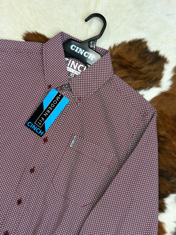 Cinch Burgundy With White Patterned Long Sleeve Button Up