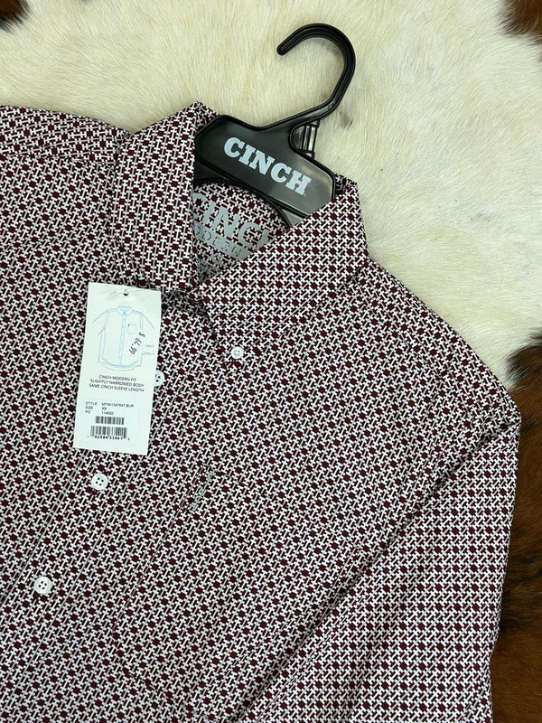 Cinch White With Burgundy Patterned Long Sleeve Button Up