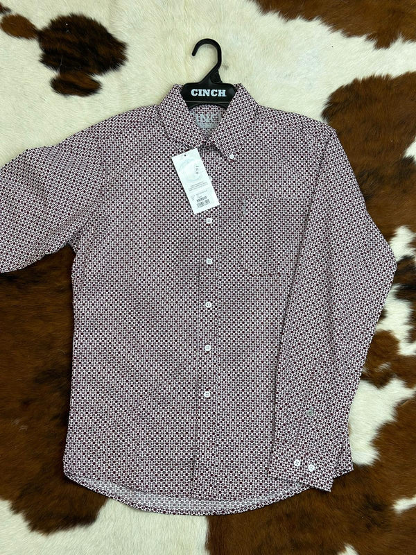 Cinch White With Burgundy Patterned Long Sleeve Button Up