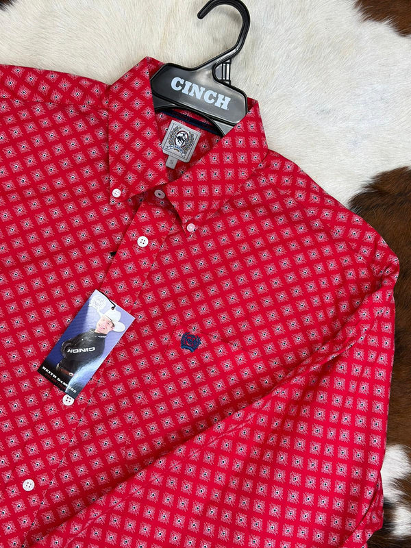 Cinch Red Patterned Long Sleeve Button Up
