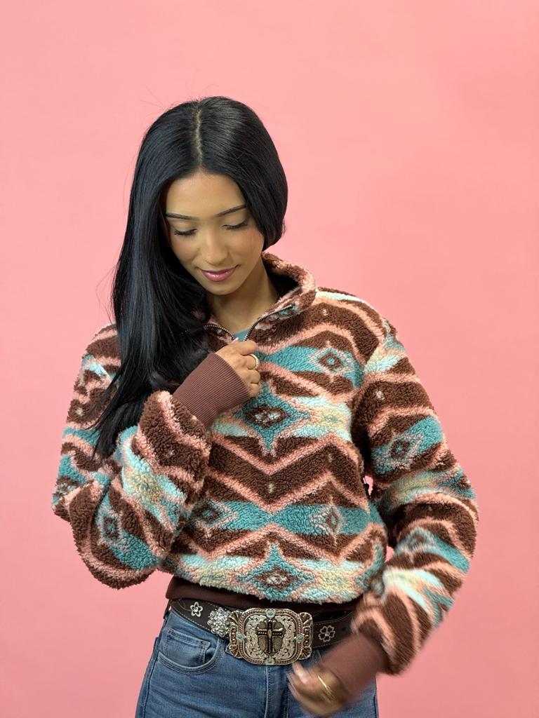 Rock&Roll Womens Brown & Teal All Over Print Pullover