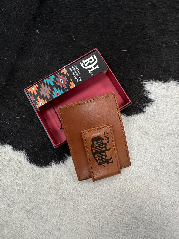 RED DIRT CARD CASE WITH MAGNETIC CLIP GENUINE LEATHER BROWN-BLACK
