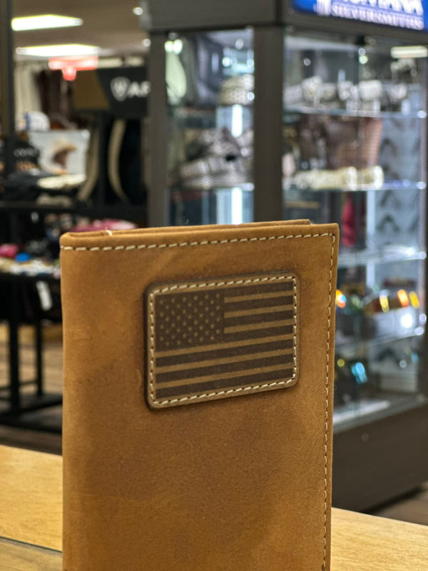 ARIAT RODEO WALLET CHECKBOOK COVER BROWN WITH AMERICAN FLAG
