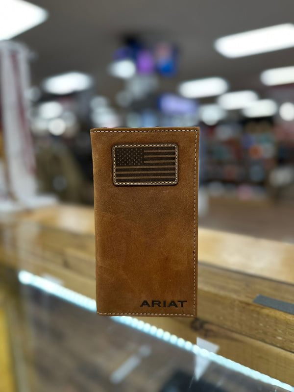 ARIAT RODEO WALLET CHECKBOOK COVER BROWN WITH AMERICAN FLAG