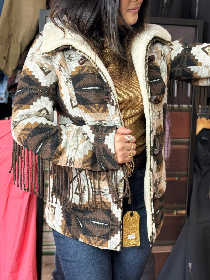 Rock&Roll Womens Aztec wool coat Fringe Dark Brown