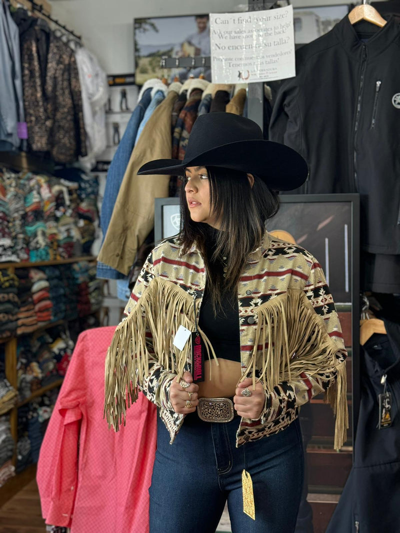 Rock&Roll Womens Tan Aztec Fringe Denim Jacket