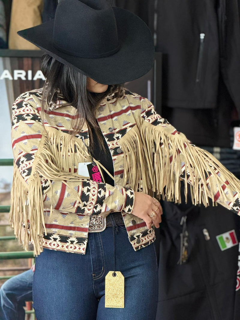Rock&Roll Womens Tan Aztec Fringe Denim Jacket