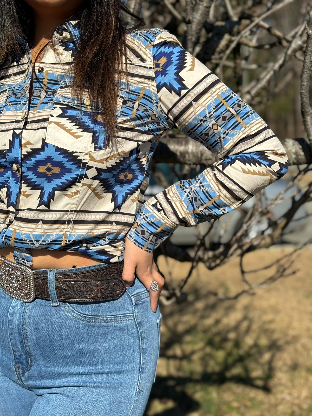 ROCK&ROLL WOMENS BLUE BEIGE AZTEC PRINT SNAP SHIRT